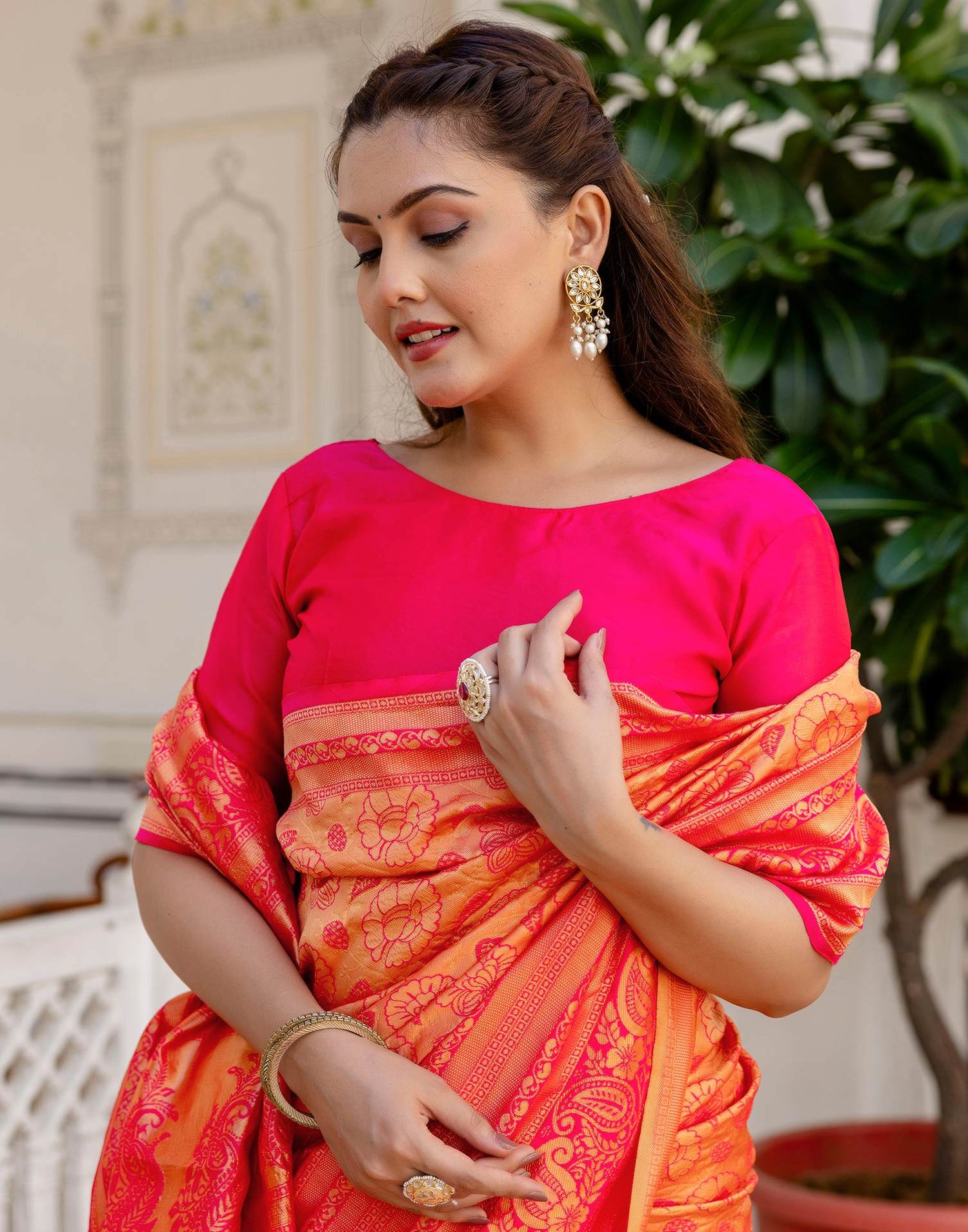 Bright Pink Silk Woven Banarasi Saree