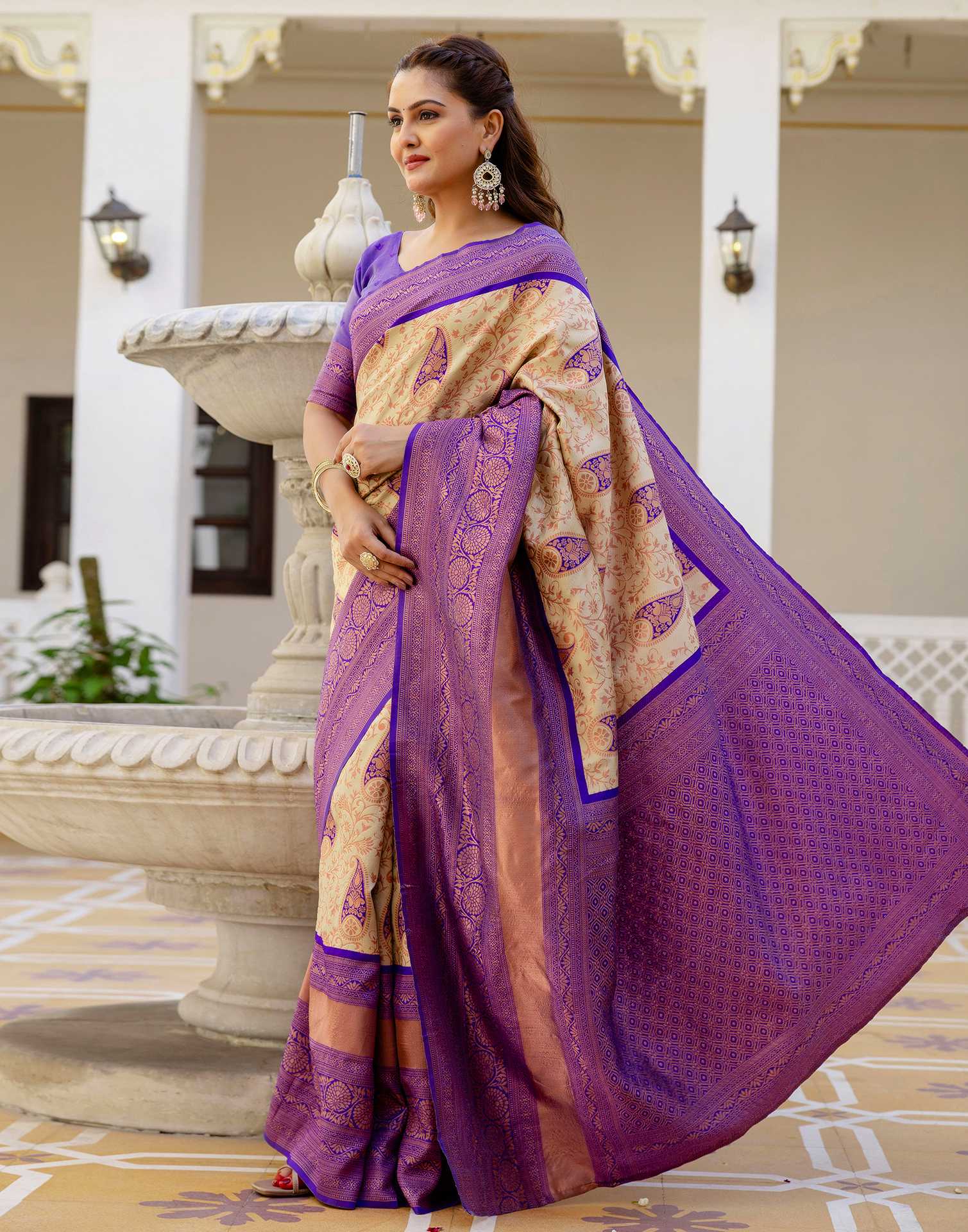 Beige Silk Woven Banarasi Saree