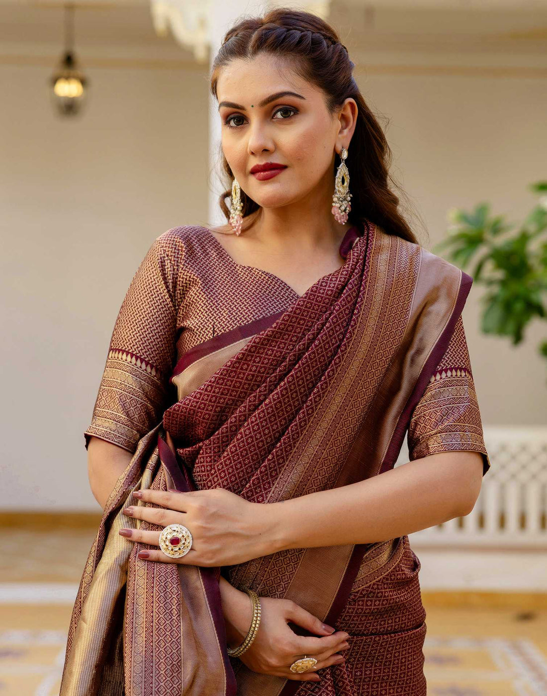 Maroon Silk Woven Kanjivaram Saree
