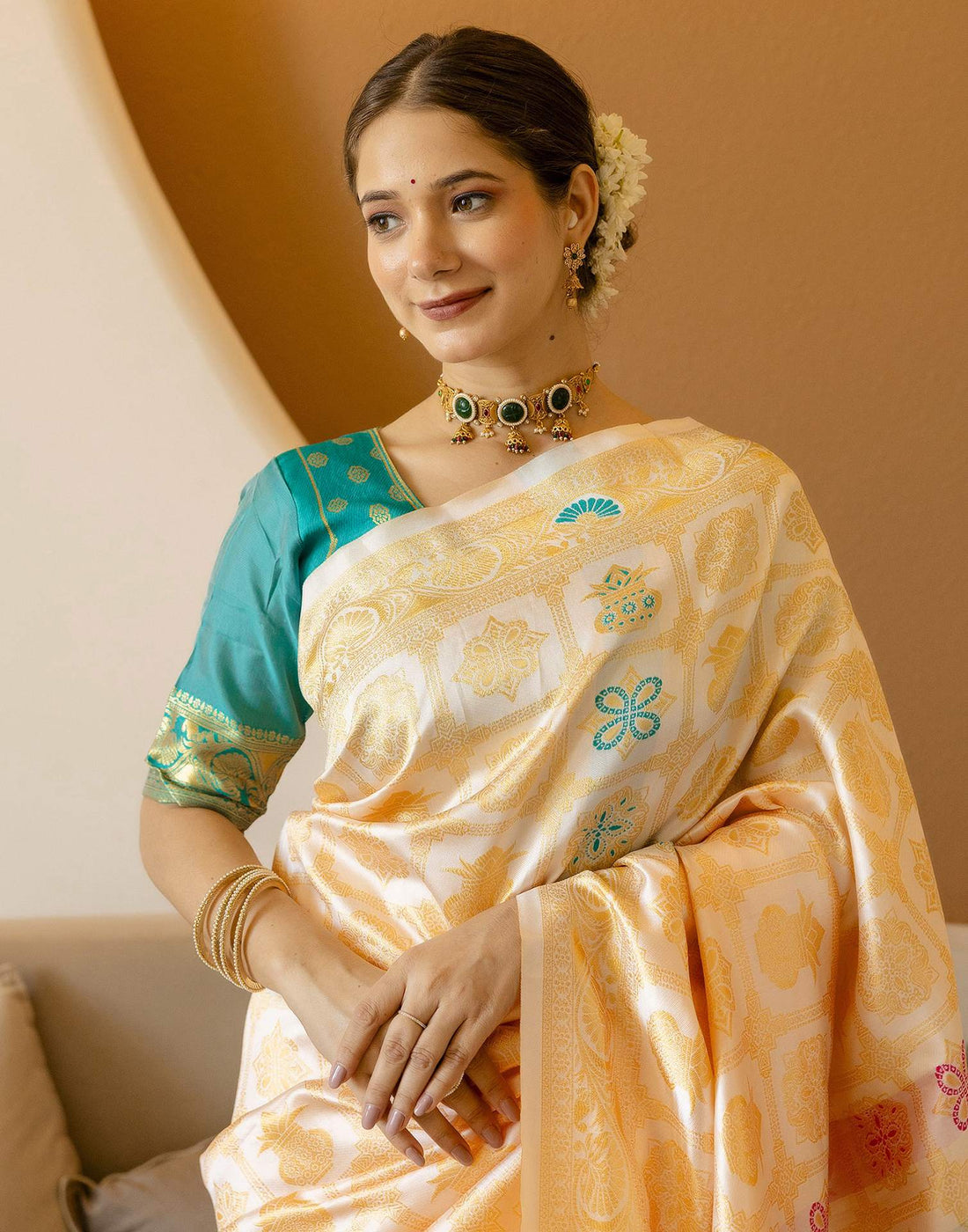 Off White Silk Woven Saree