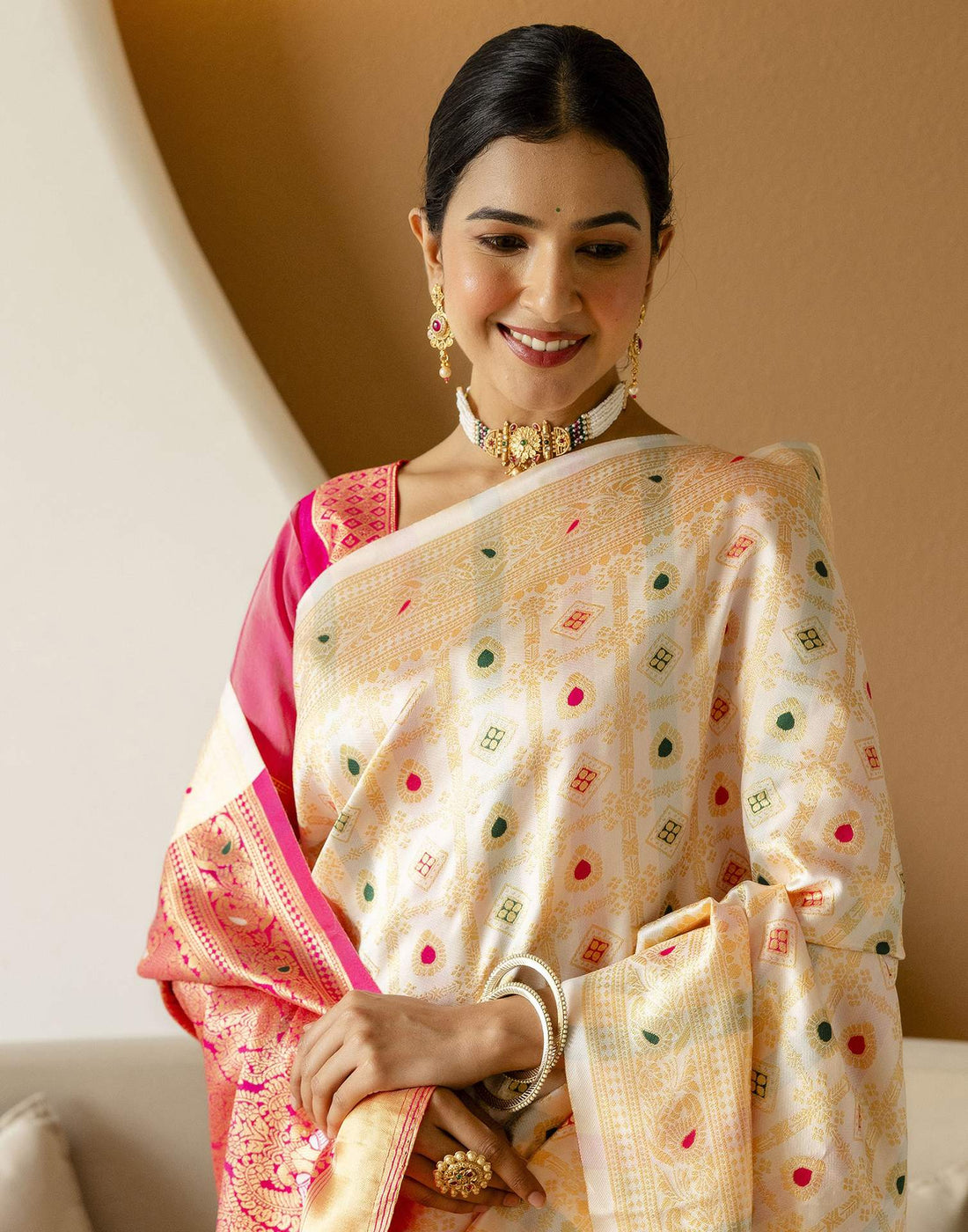 Off White Silk Woven Saree
