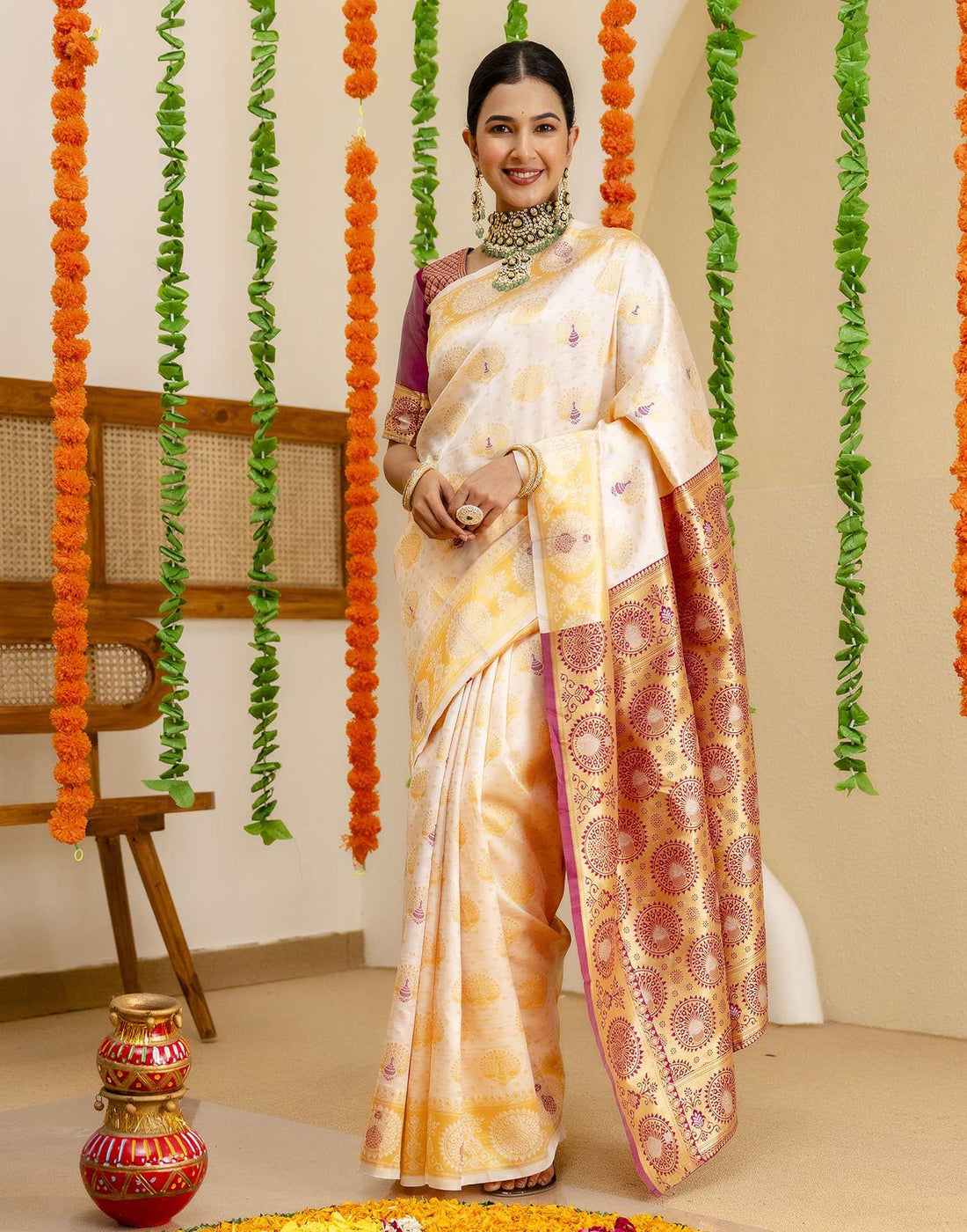 Off White Silk Woven Saree