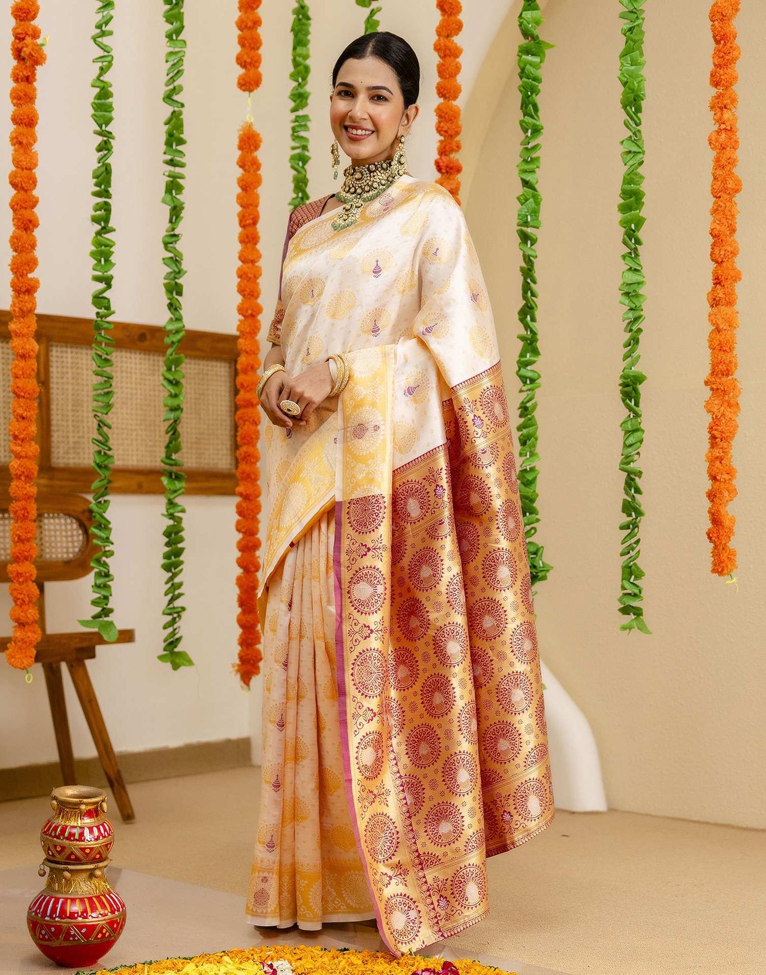 Off White Silk Woven Saree