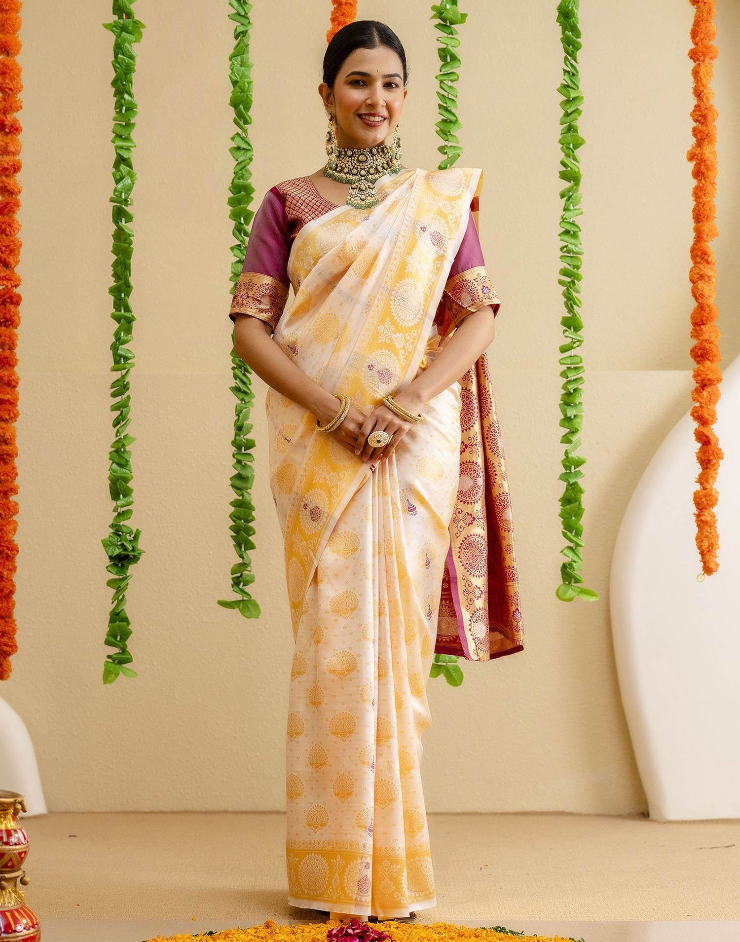Off White Silk Woven Saree