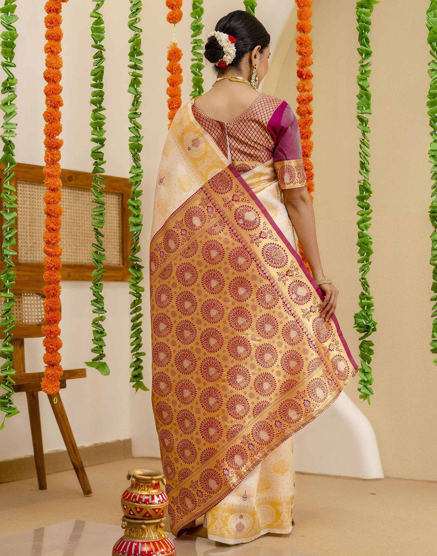Off White Silk Woven Saree