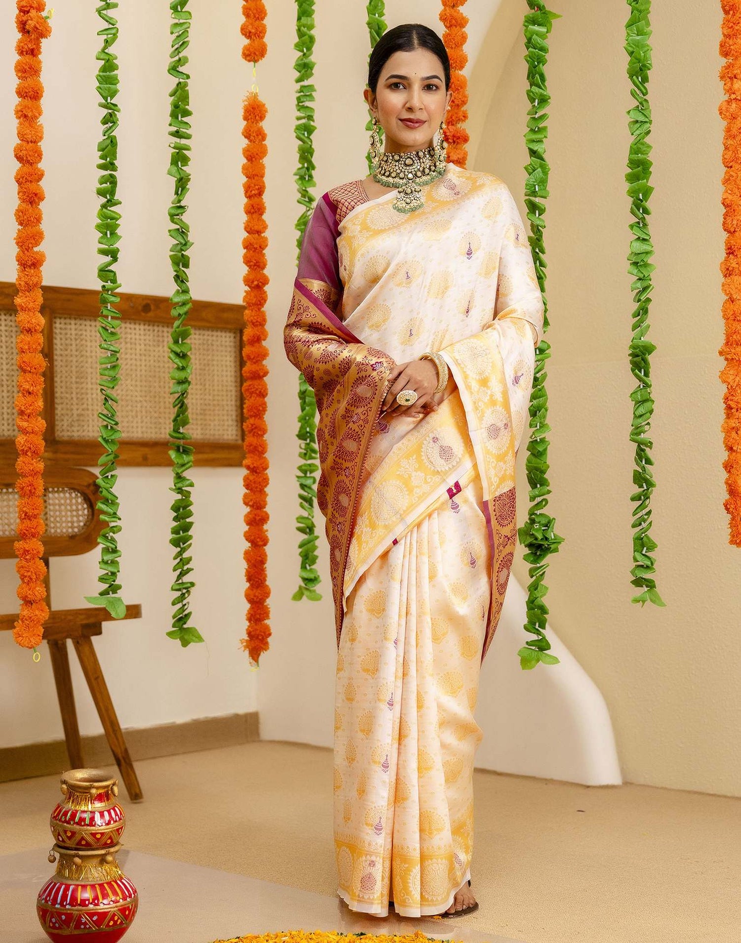 Off White Silk Woven Saree
