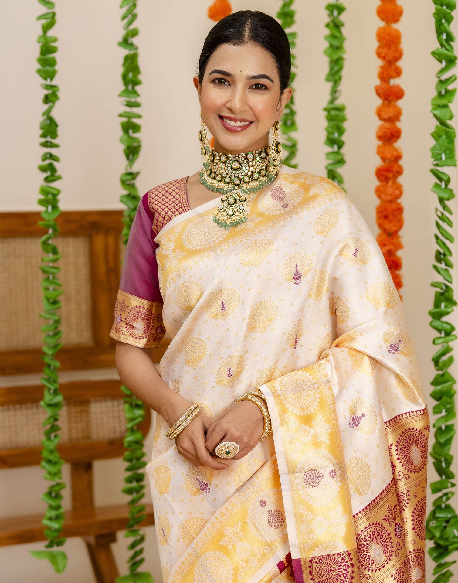 Off White Silk Woven Saree