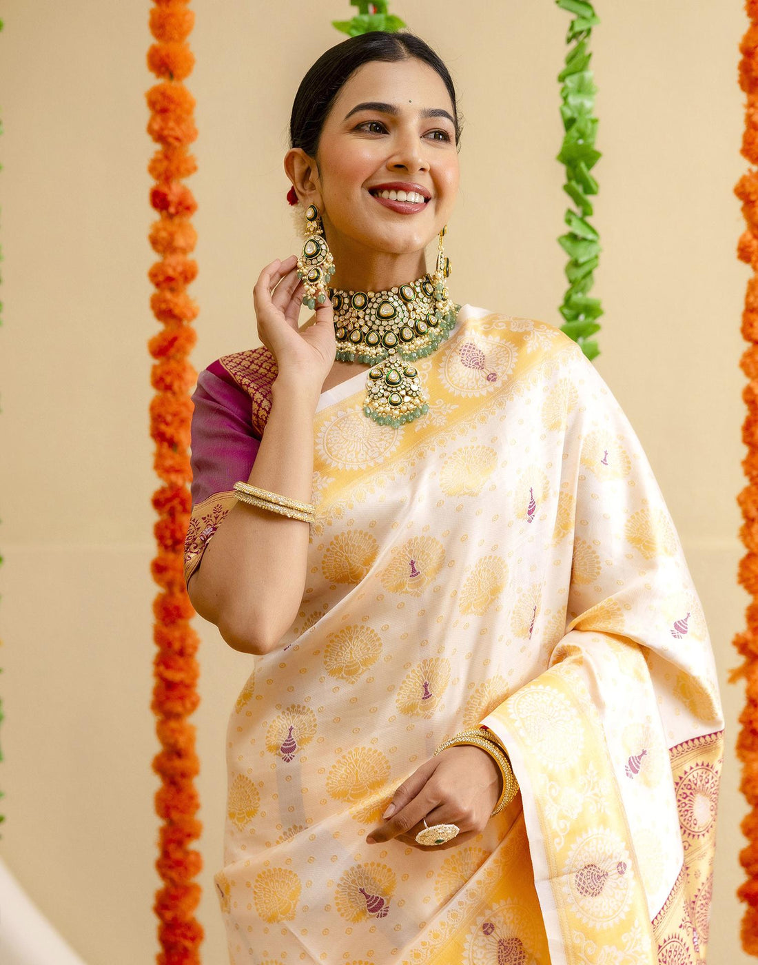 Off White Silk Woven Saree