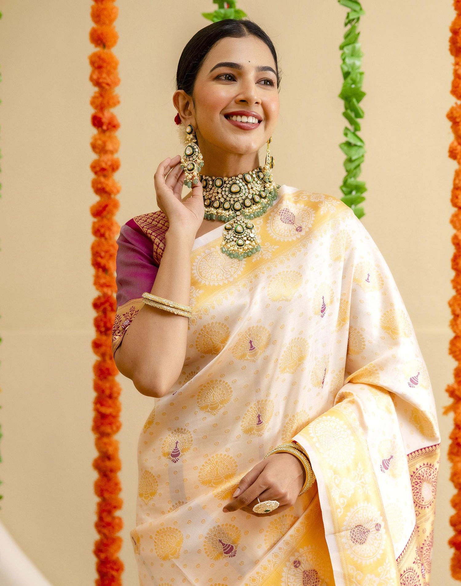 Off White Silk Woven Saree