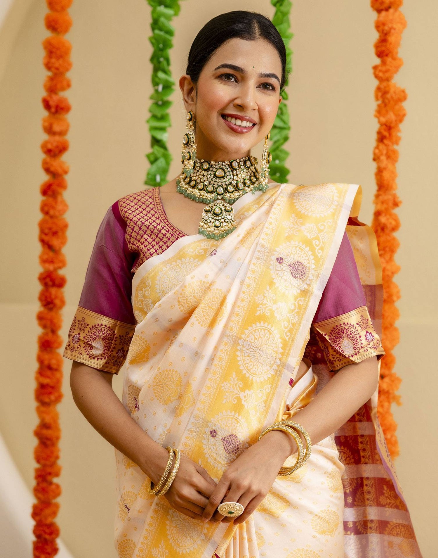Off White Silk Woven Saree