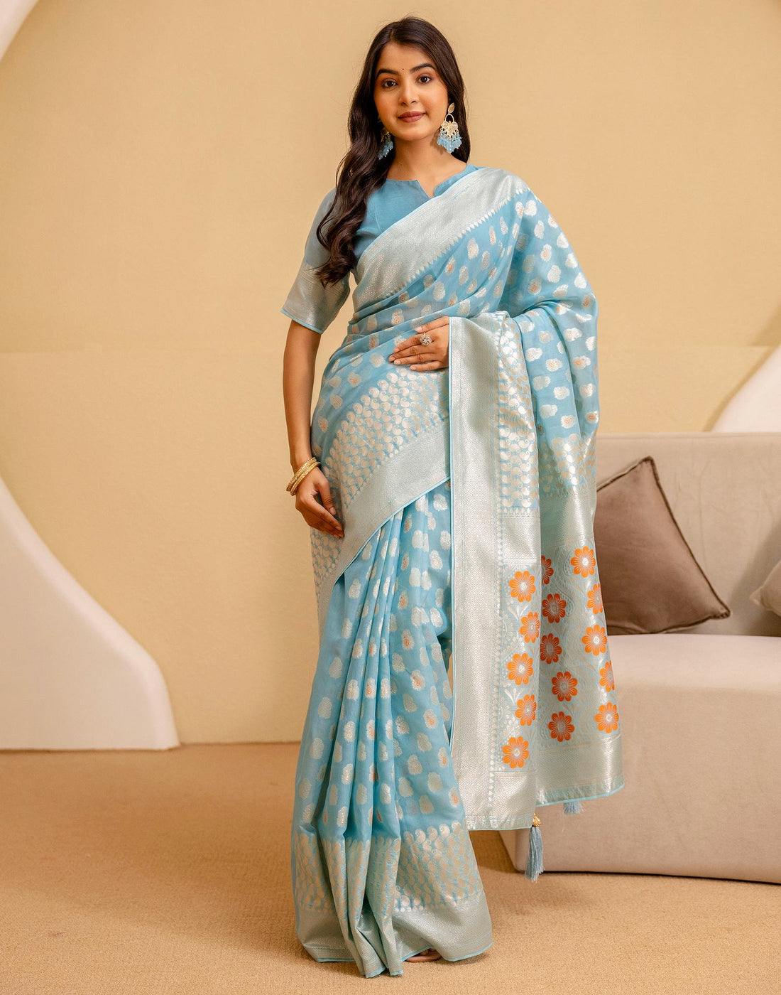 Sky Blue Chanderi Woven Saree