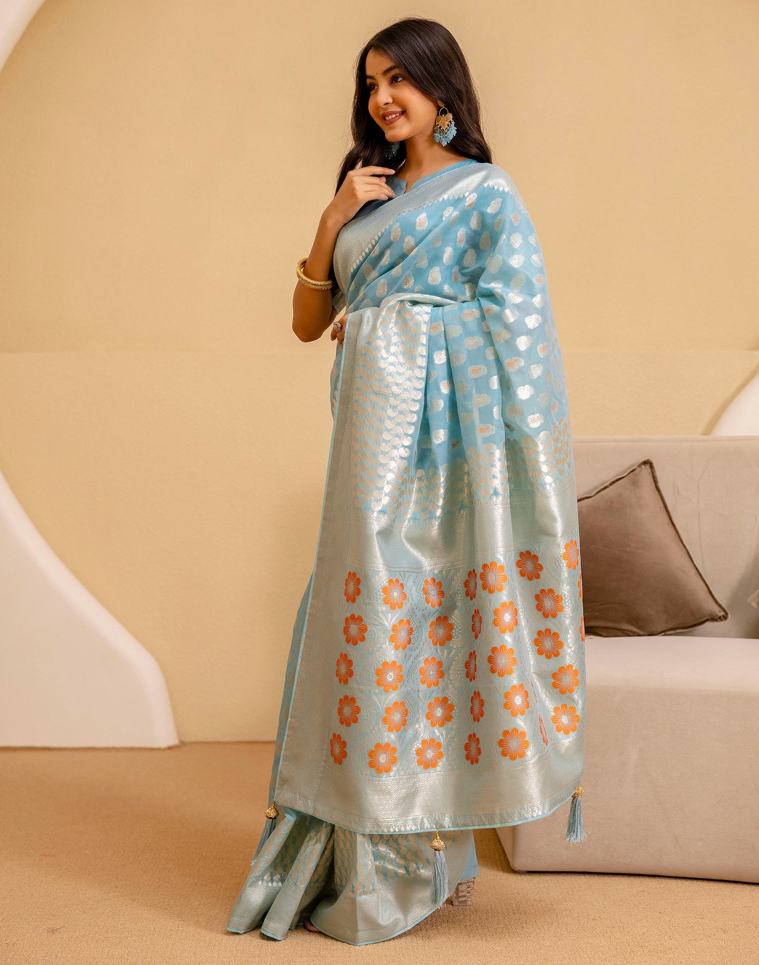 Sky Blue Chanderi Woven Saree