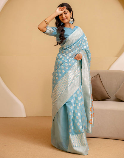 Sky Blue Chanderi Woven Saree