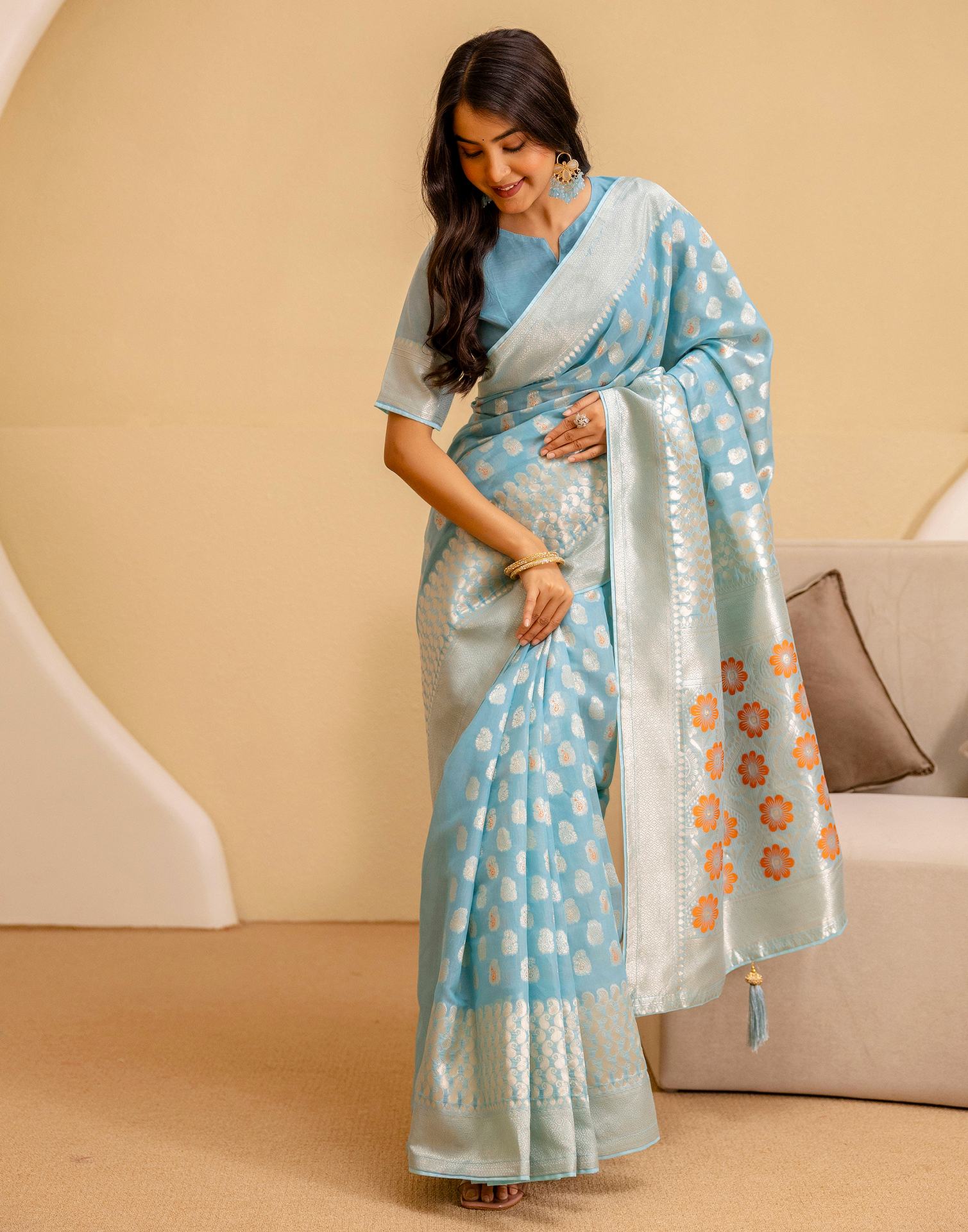 Sky Blue Chanderi Woven Saree