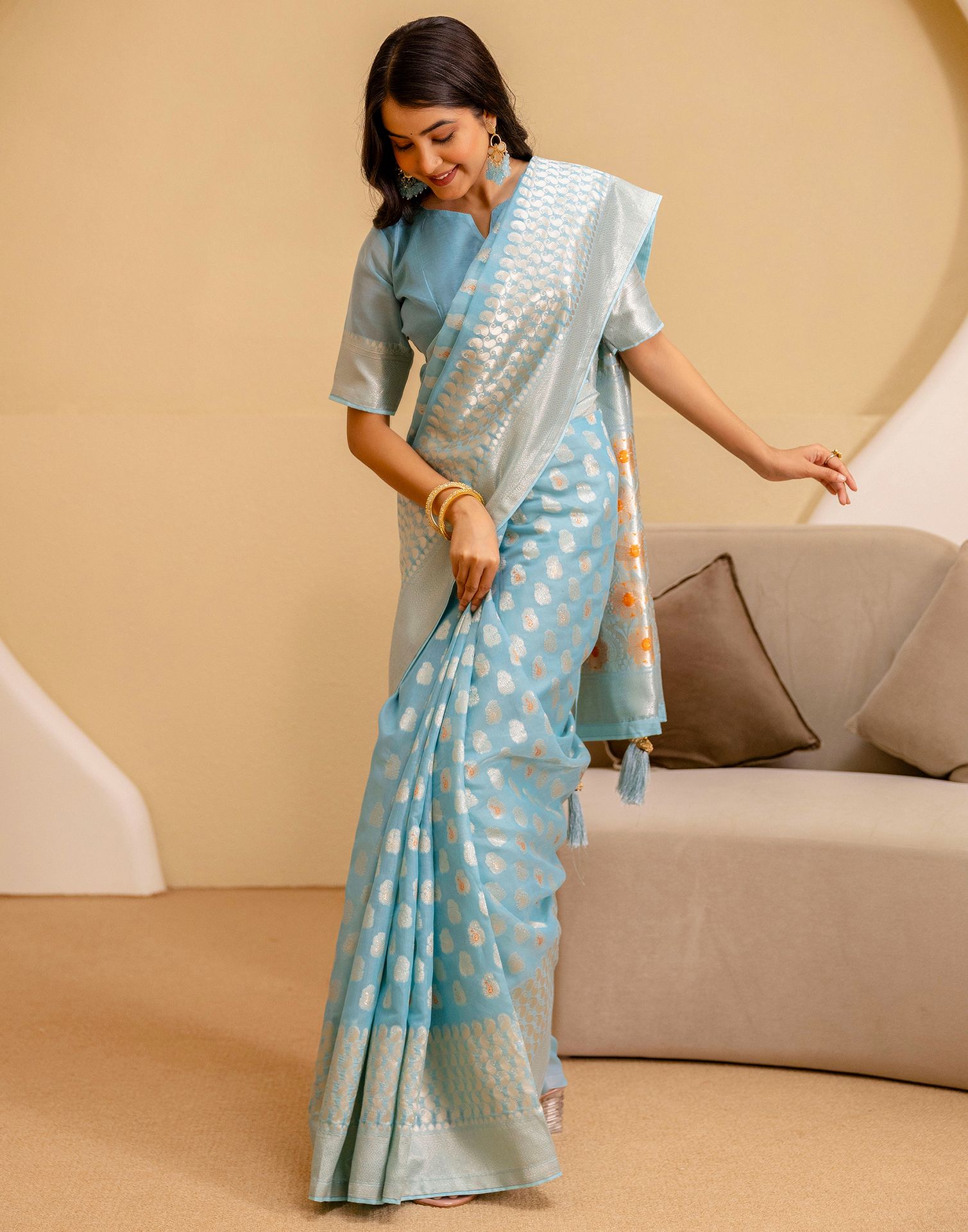 Sky Blue Chanderi Woven Saree