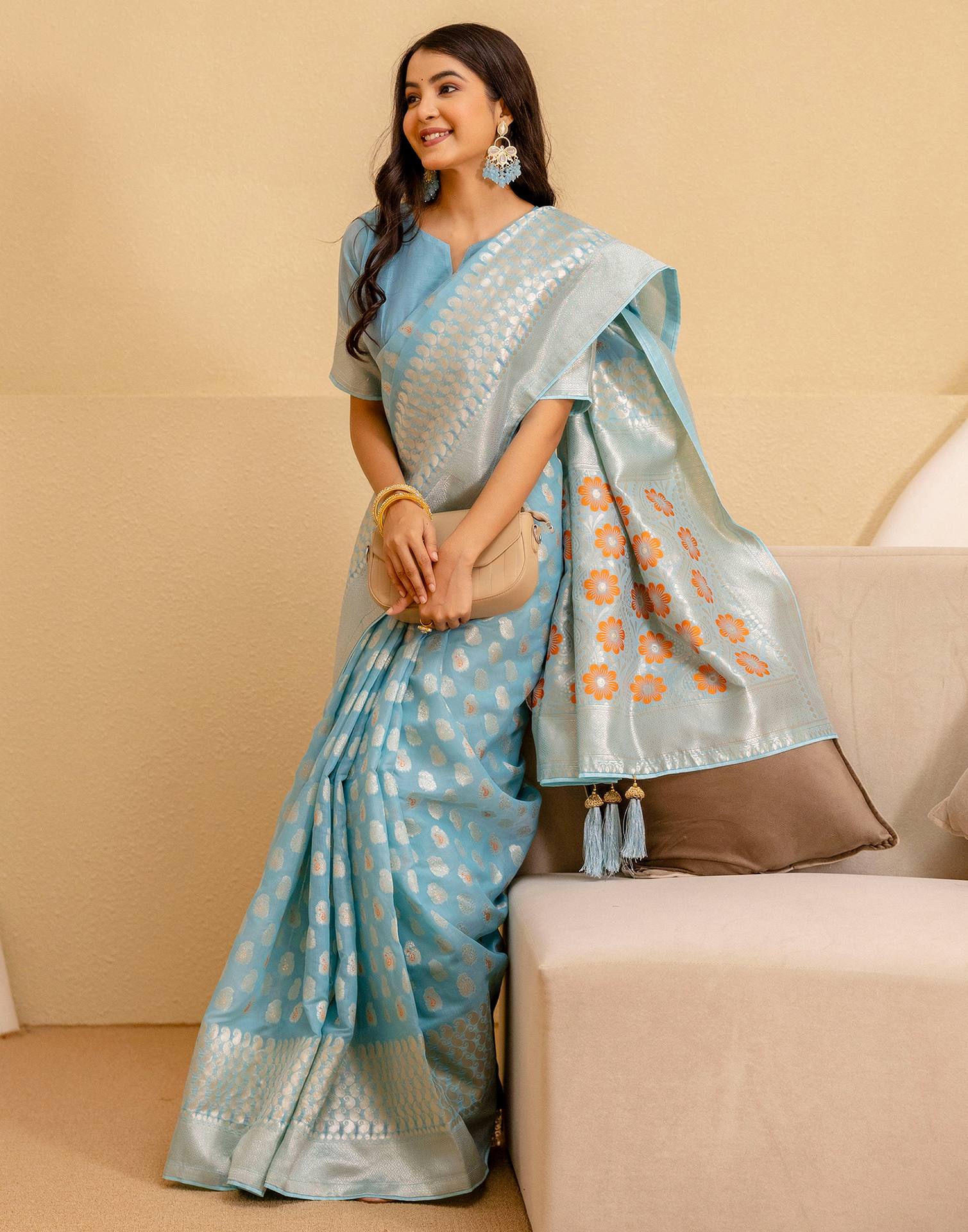Sky Blue Chanderi Woven Saree