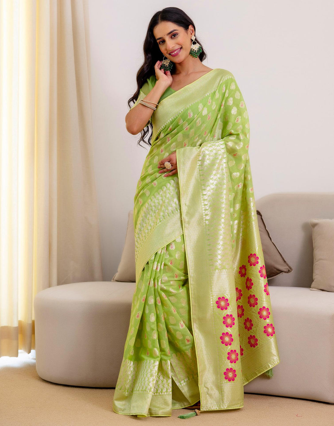 Pista Green Chanderi Woven Saree