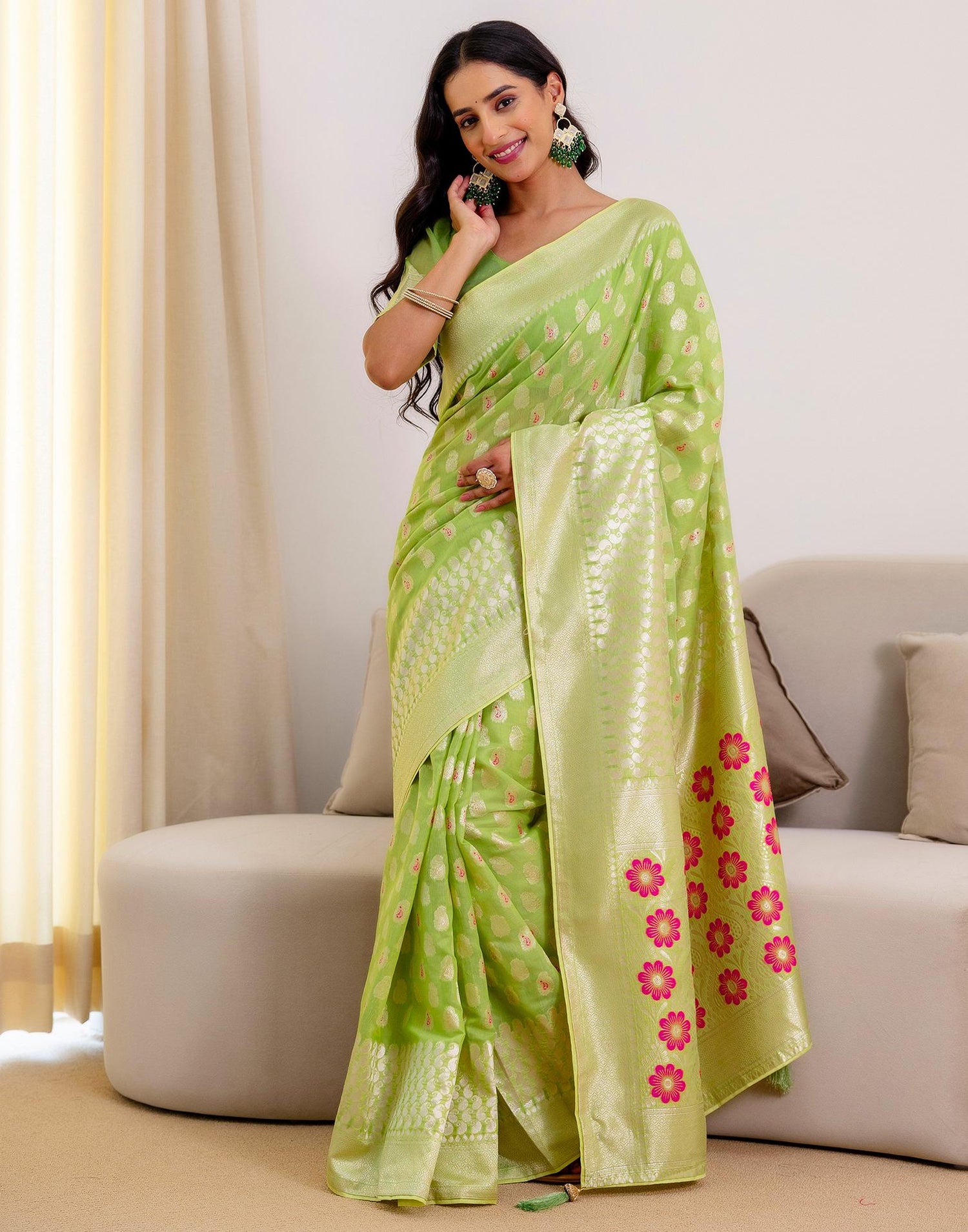 Pista Green Chanderi Woven Saree