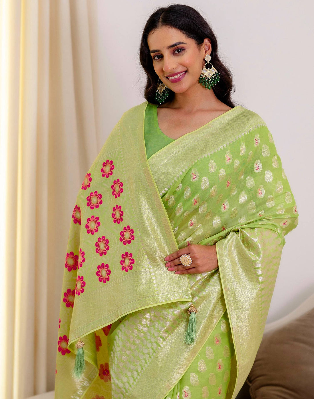 Pista Green Chanderi Woven Saree