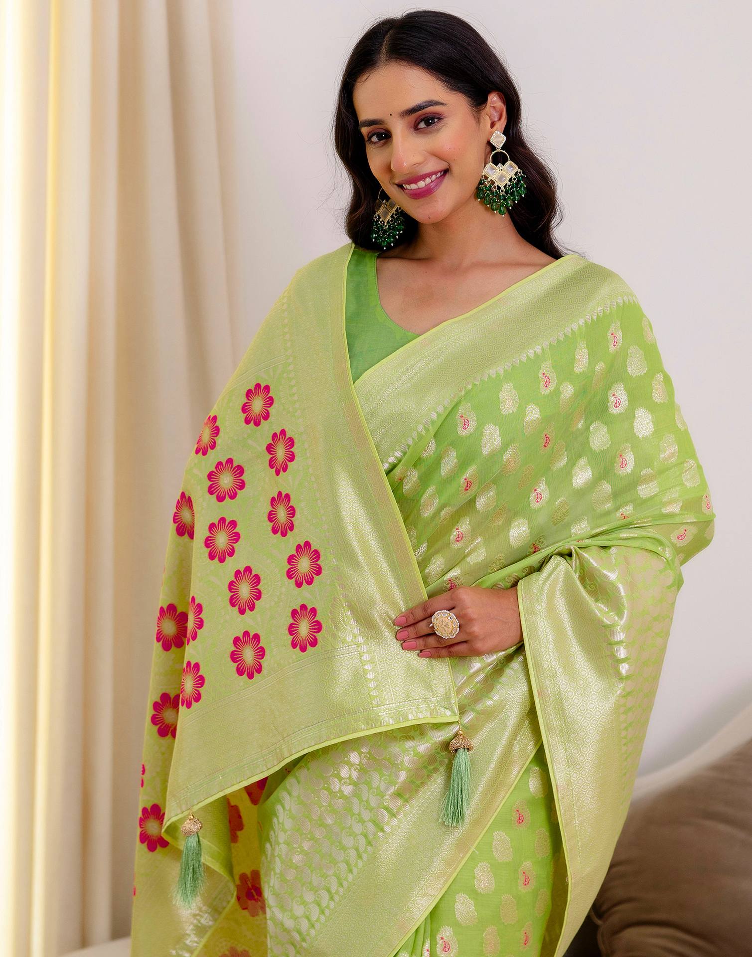 Pista Green Chanderi Woven Saree