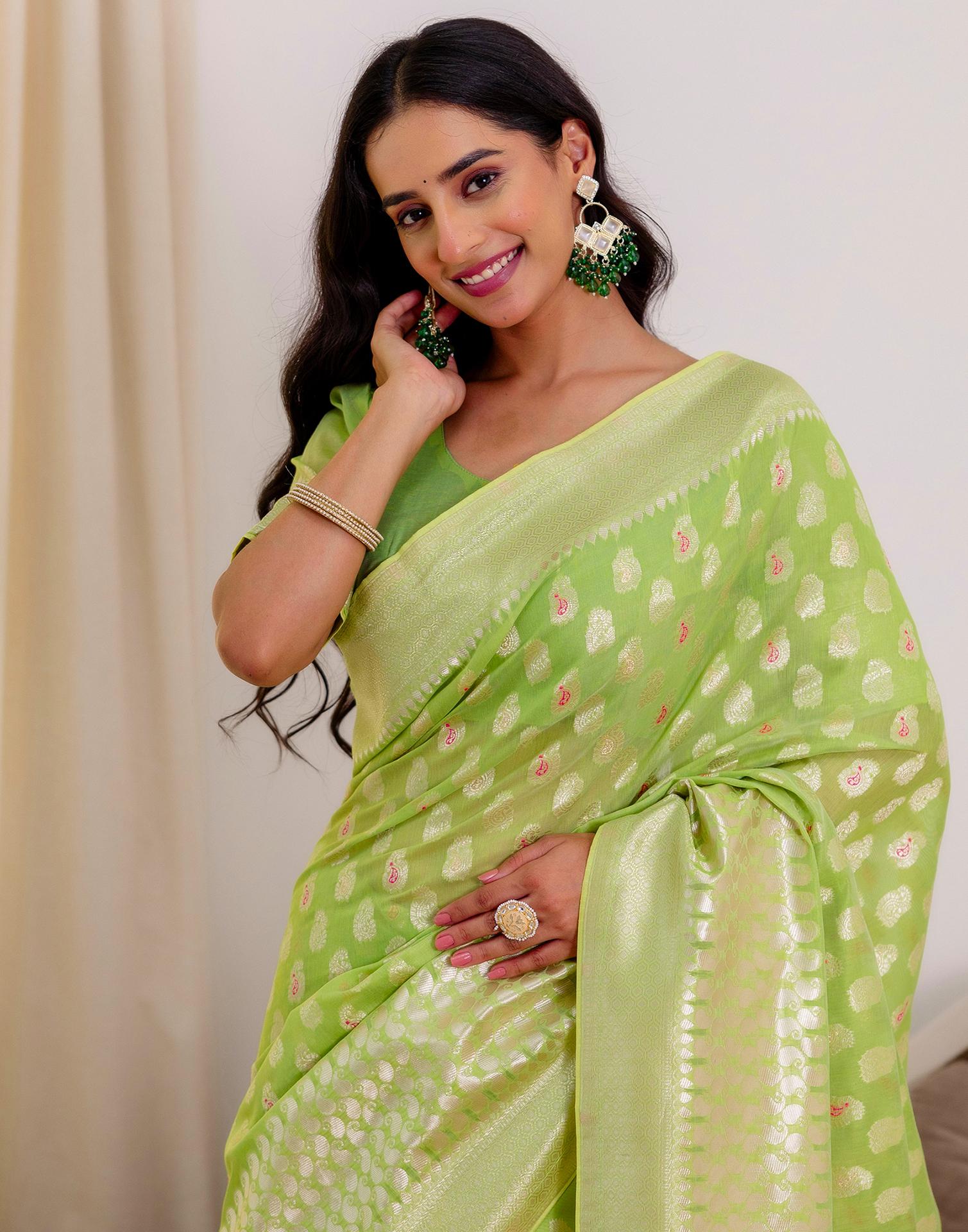 Pista Green Chanderi Woven Saree