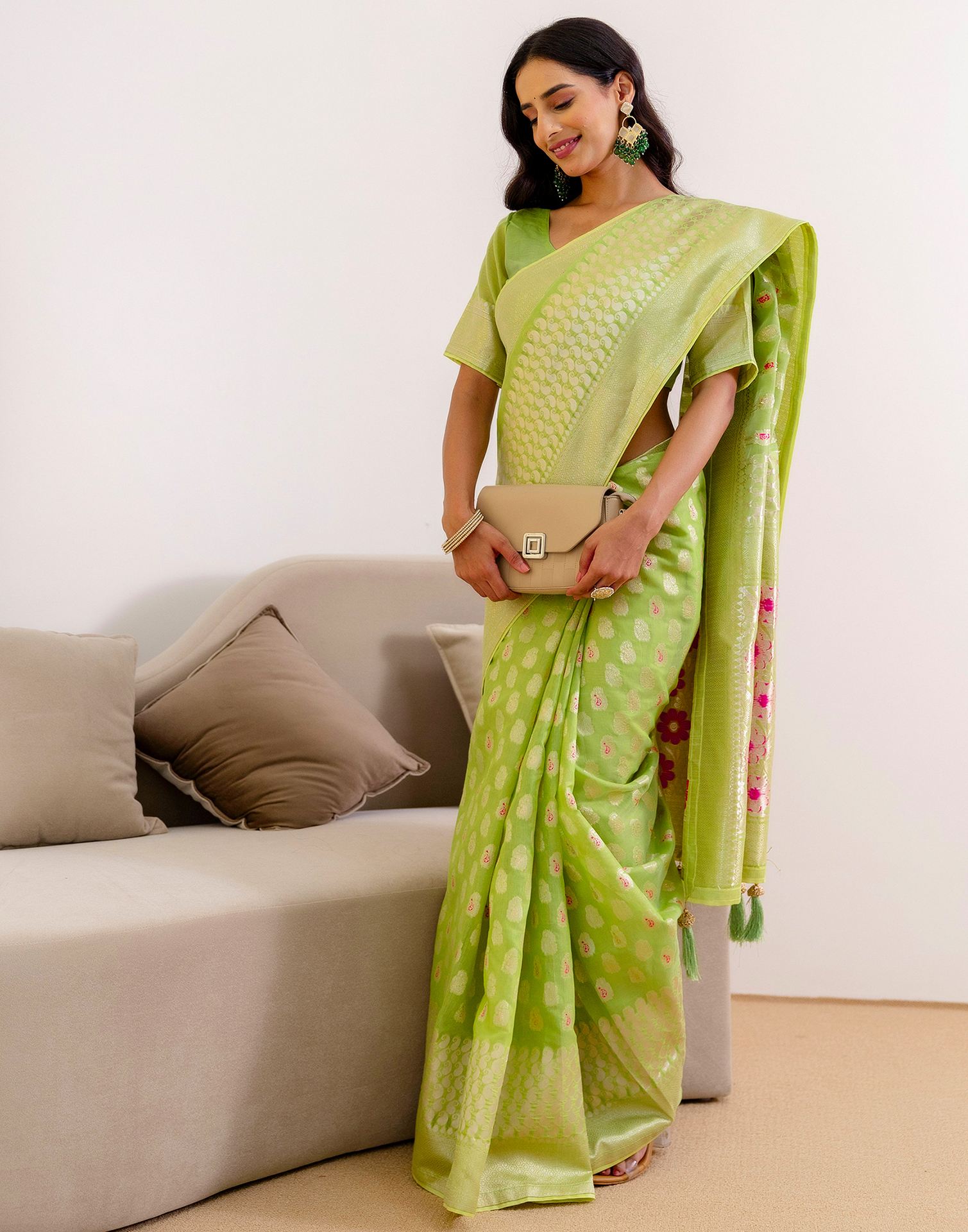 Pista Green Chanderi Woven Saree