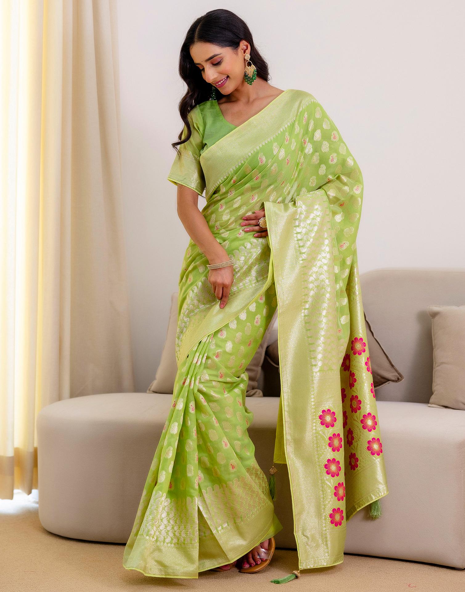 Pista Green Chanderi Woven Saree