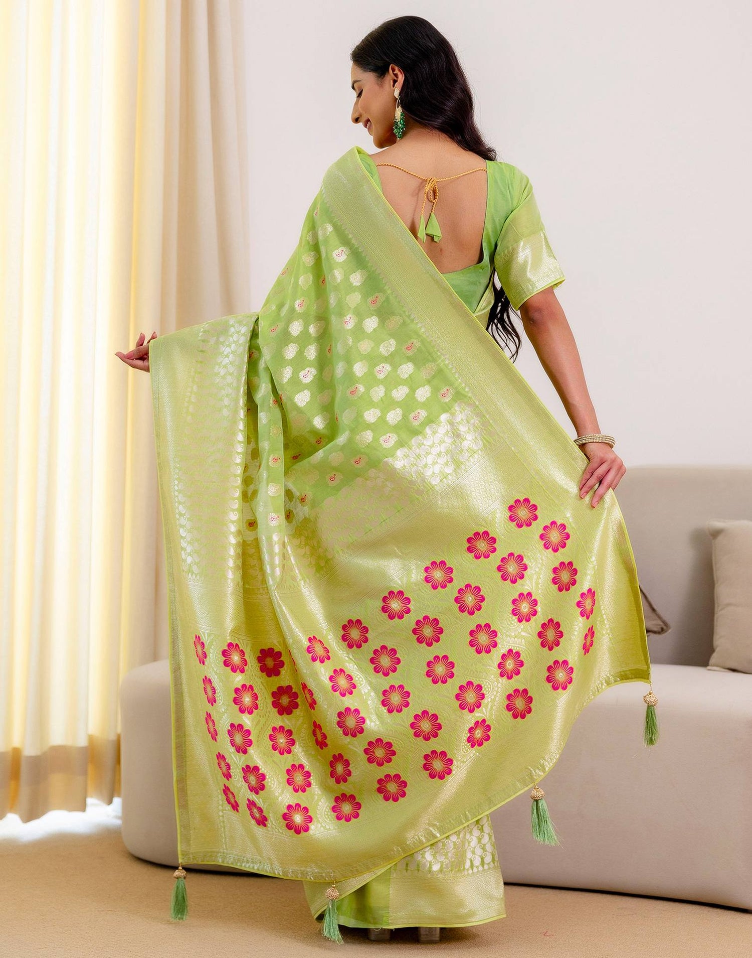 Pista Green Chanderi Woven Saree