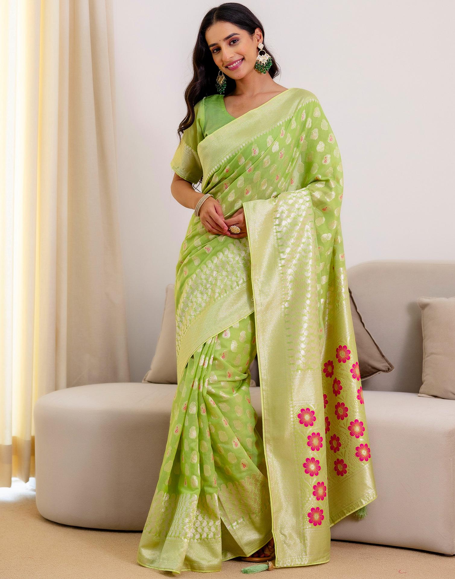 Pista Green Chanderi Woven Saree
