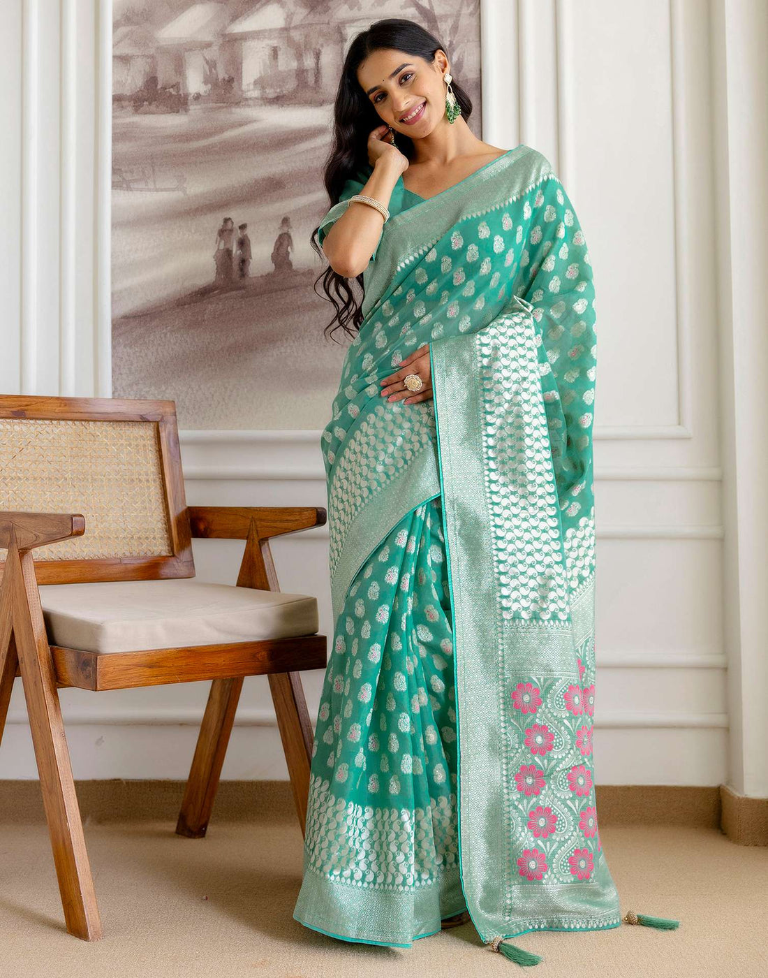 Mint Green Chanderi Woven Saree