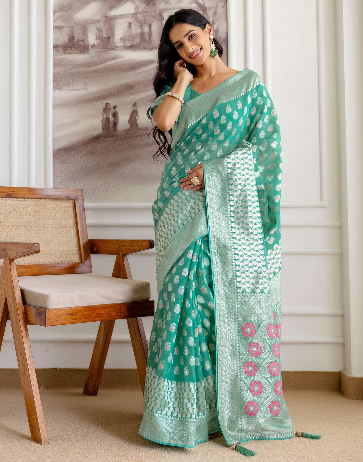 Mint Green Chanderi Woven Saree