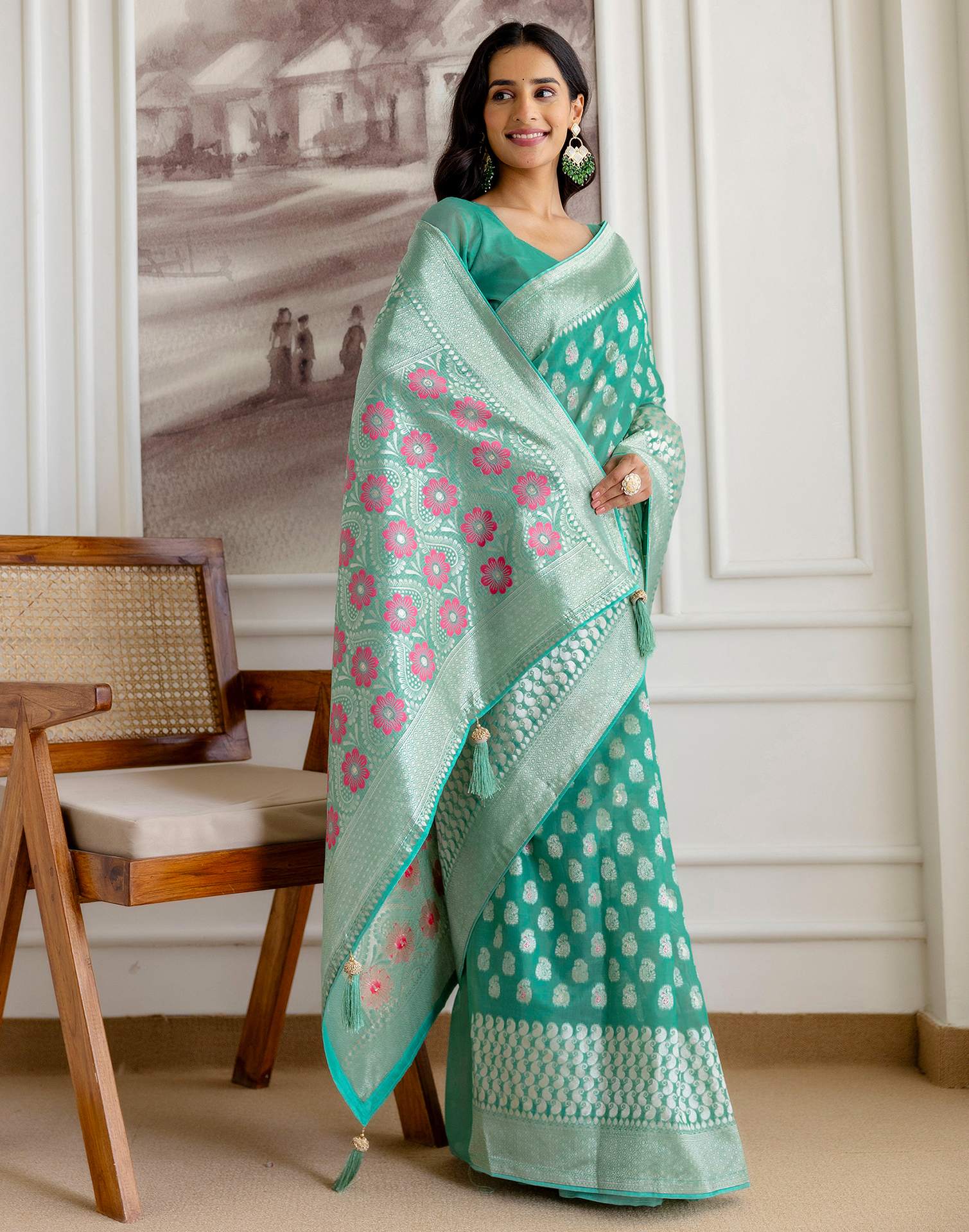 Mint Green Chanderi Woven Saree