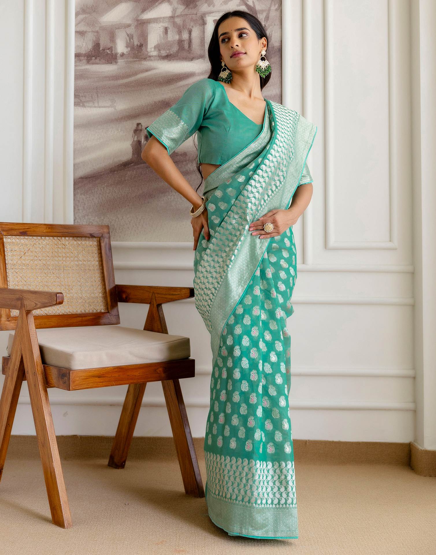 Mint Green Chanderi Woven Saree