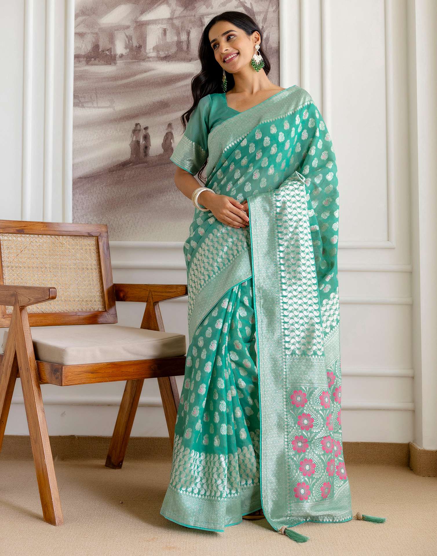 Mint Green Chanderi Woven Saree