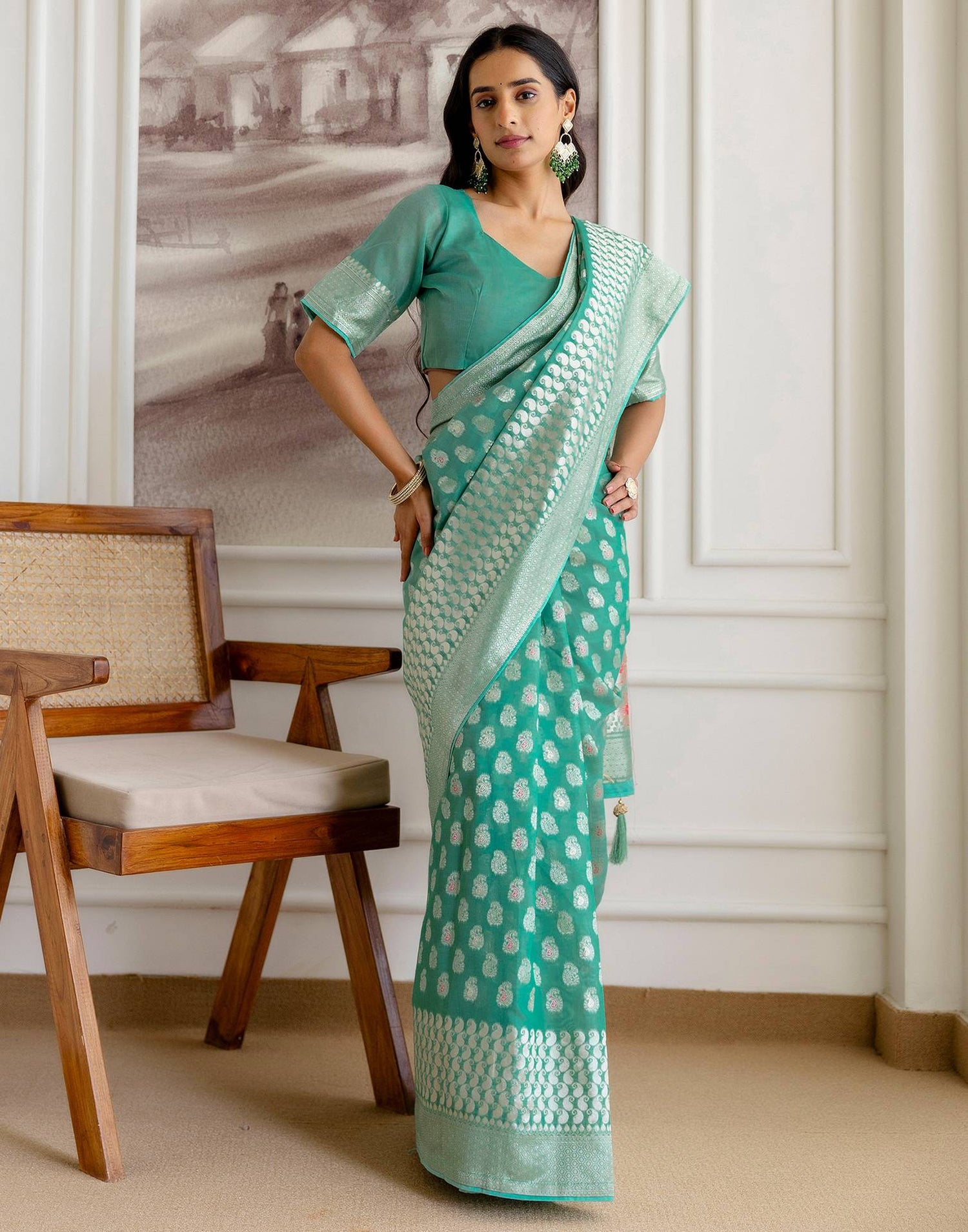 Mint Green Chanderi Woven Saree