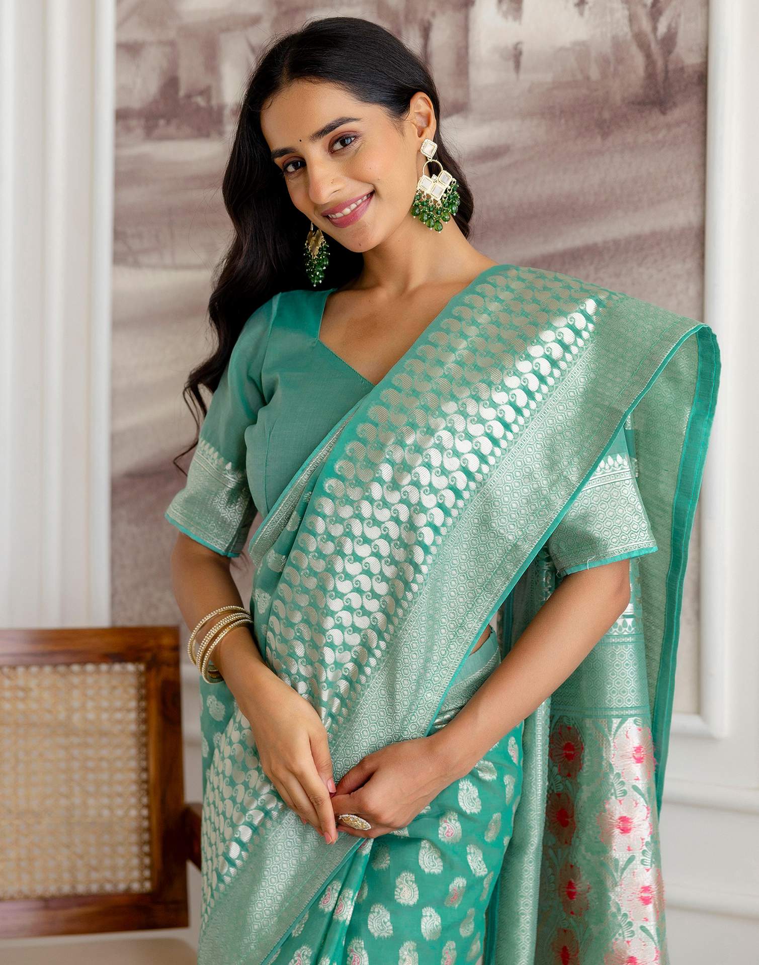 Mint Green Chanderi Woven Saree