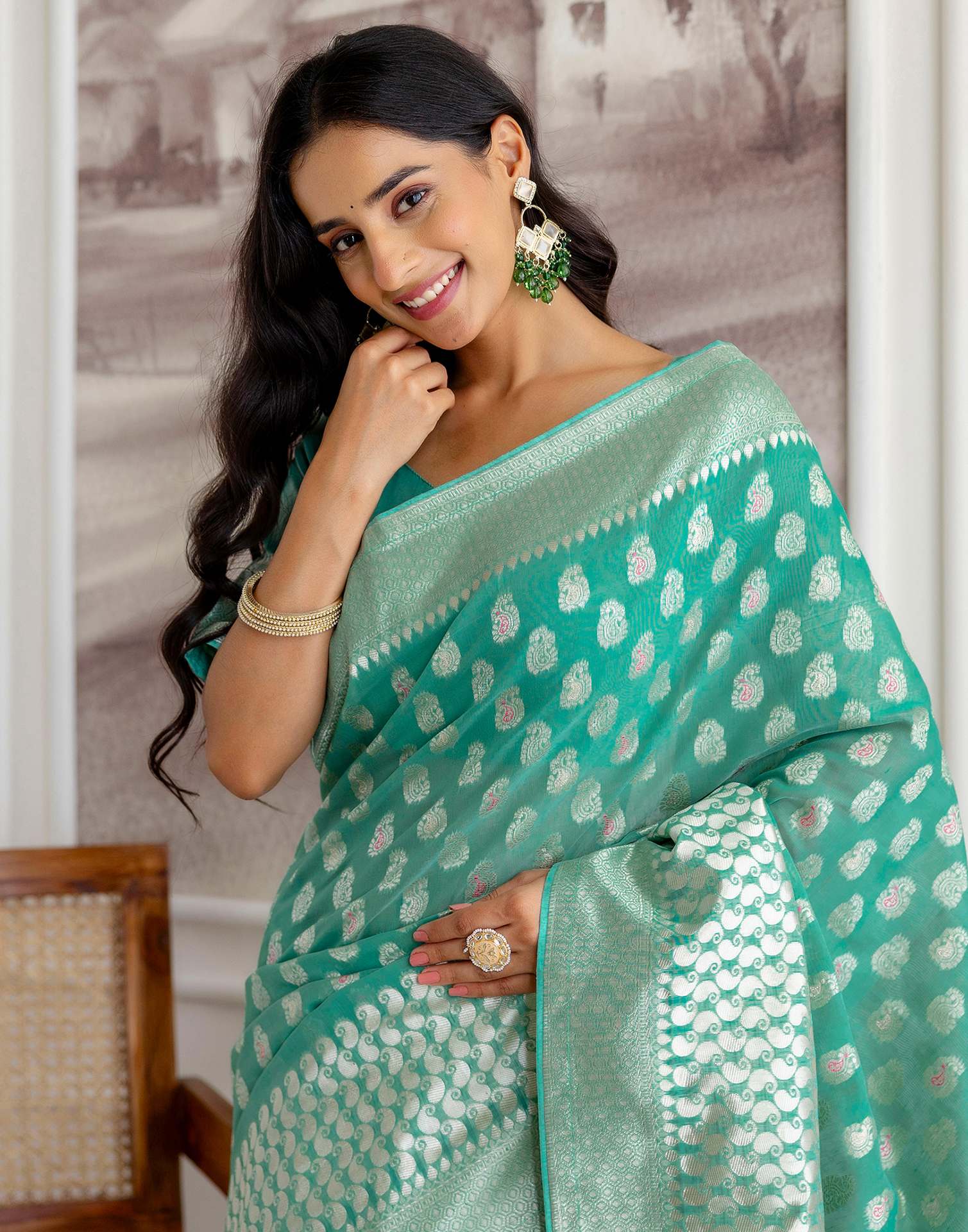 Mint Green Chanderi Woven Saree
