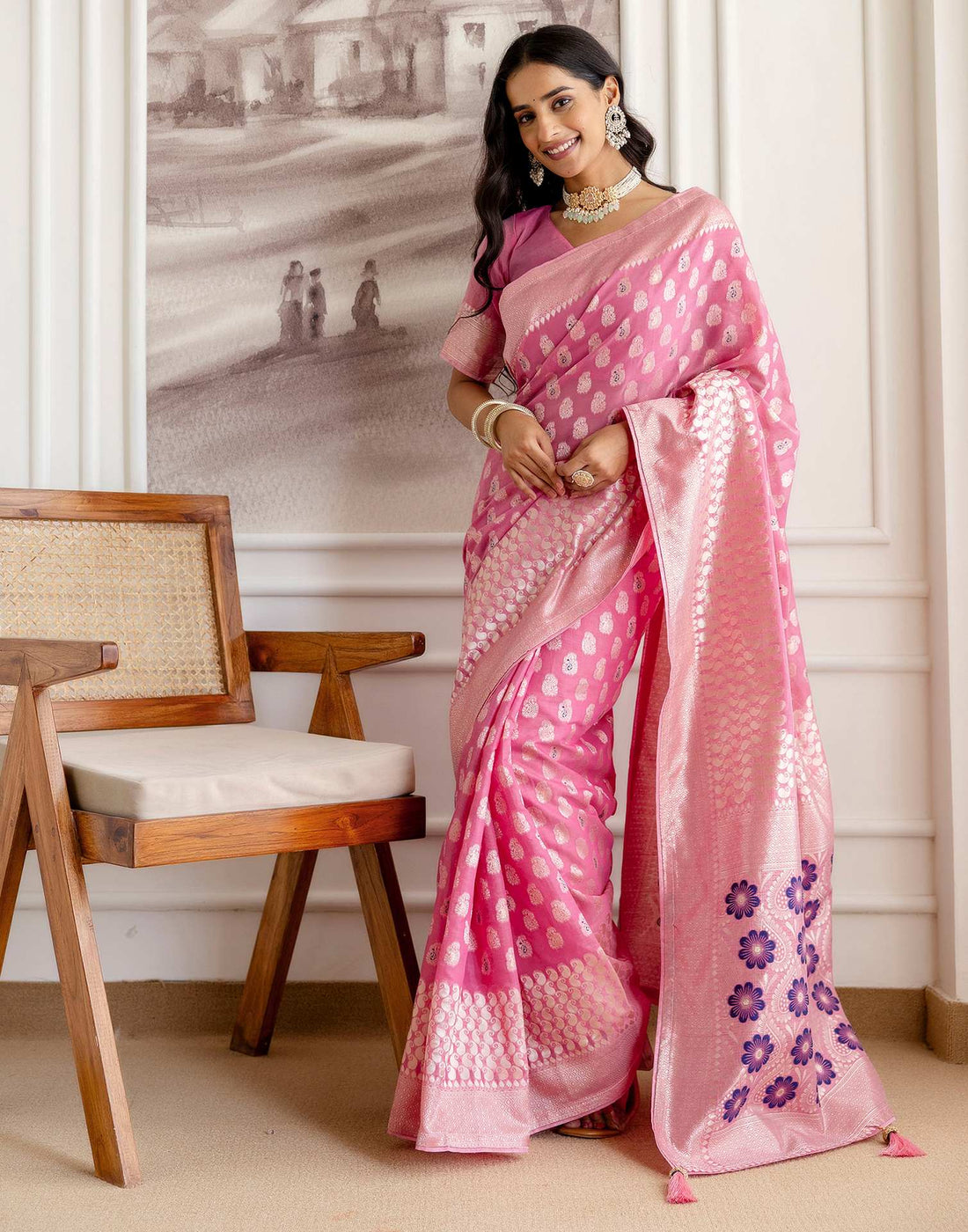 Pink Chanderi Woven Saree
