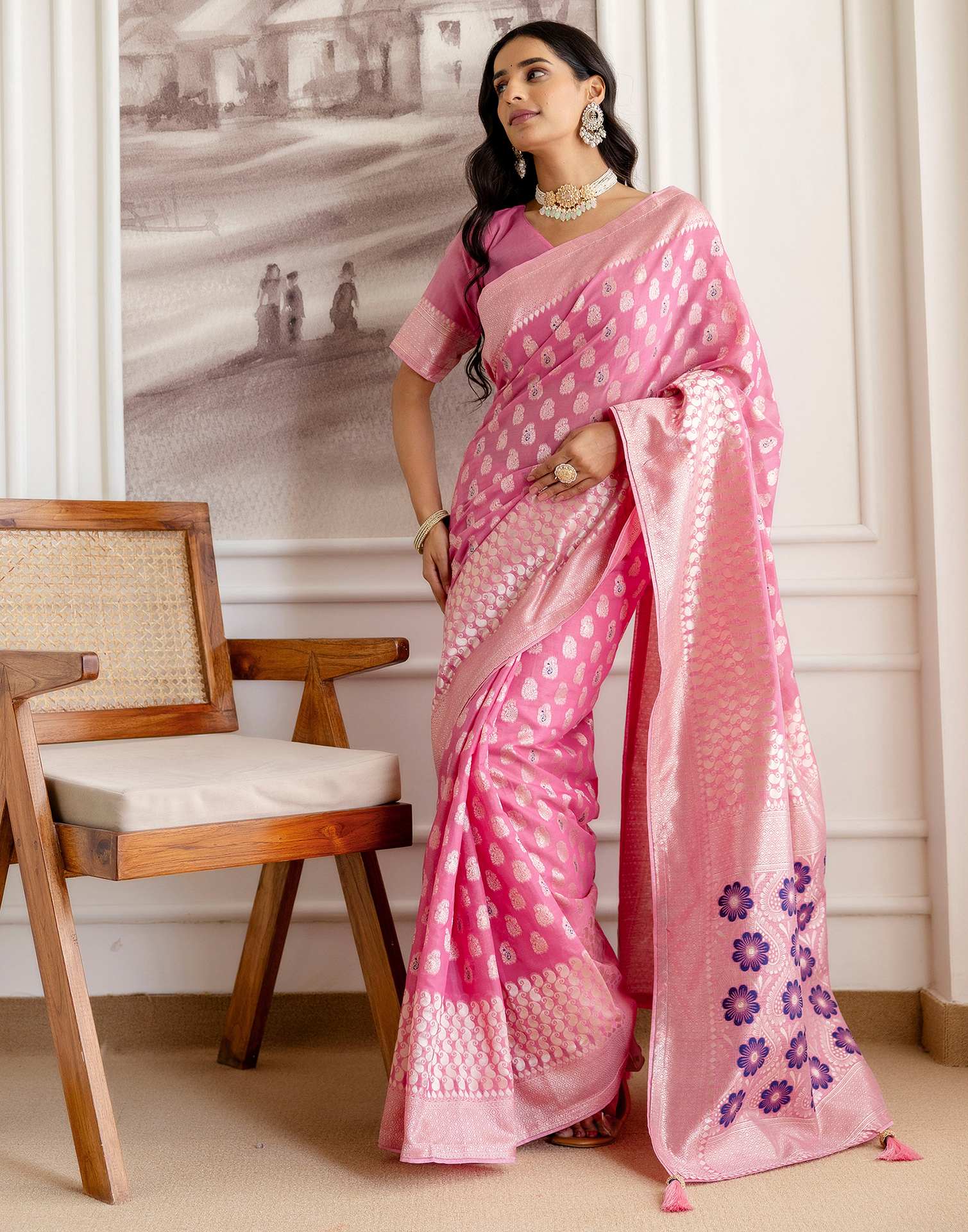 Pink Chanderi Woven Saree