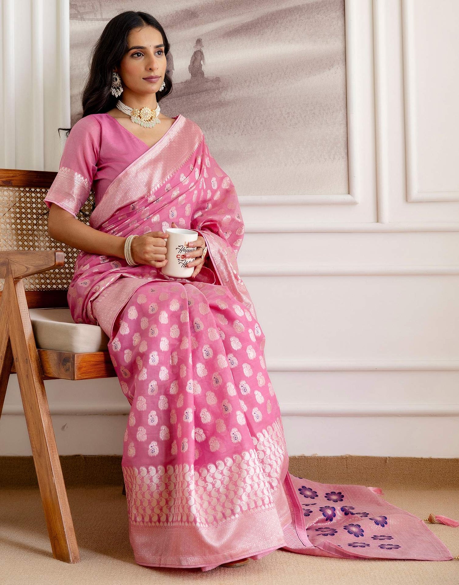 Pink Chanderi Woven Saree