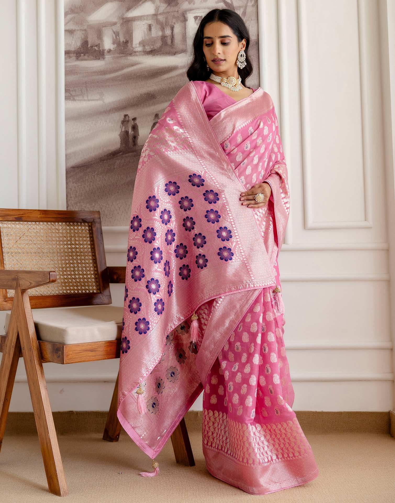 Pink Chanderi Woven Saree