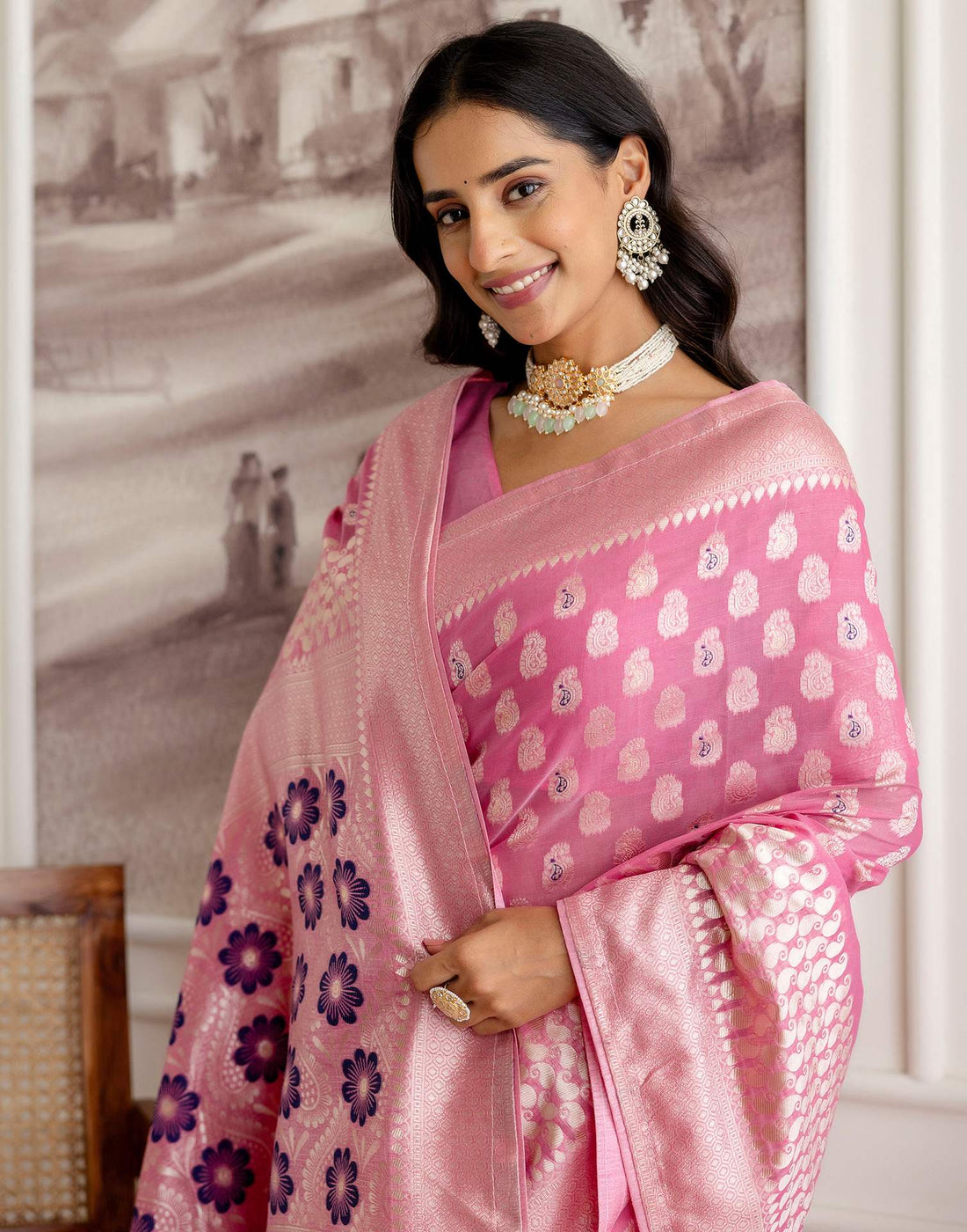 Pink Chanderi Woven Saree