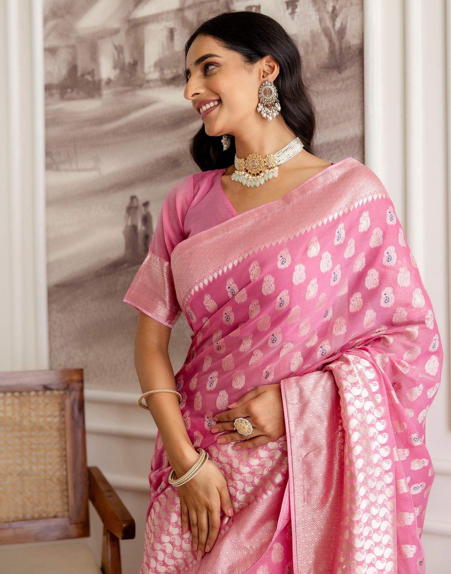 Pink Chanderi Woven Saree