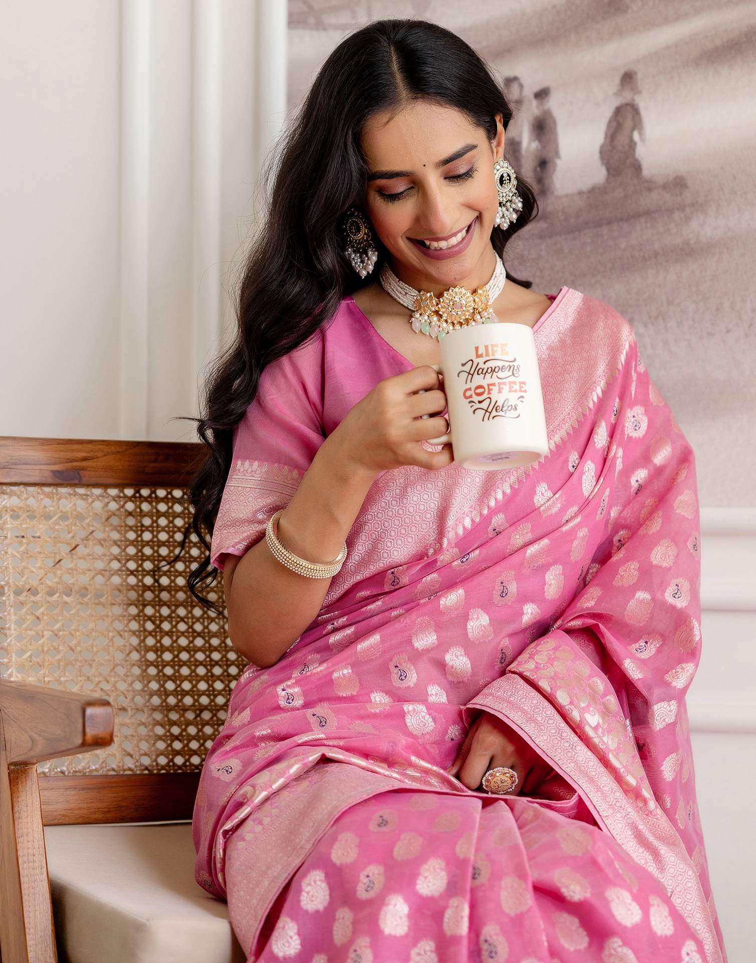 Pink Chanderi Woven Saree