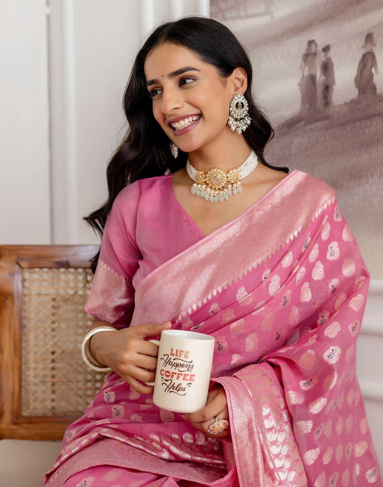 Pink Chanderi Woven Saree