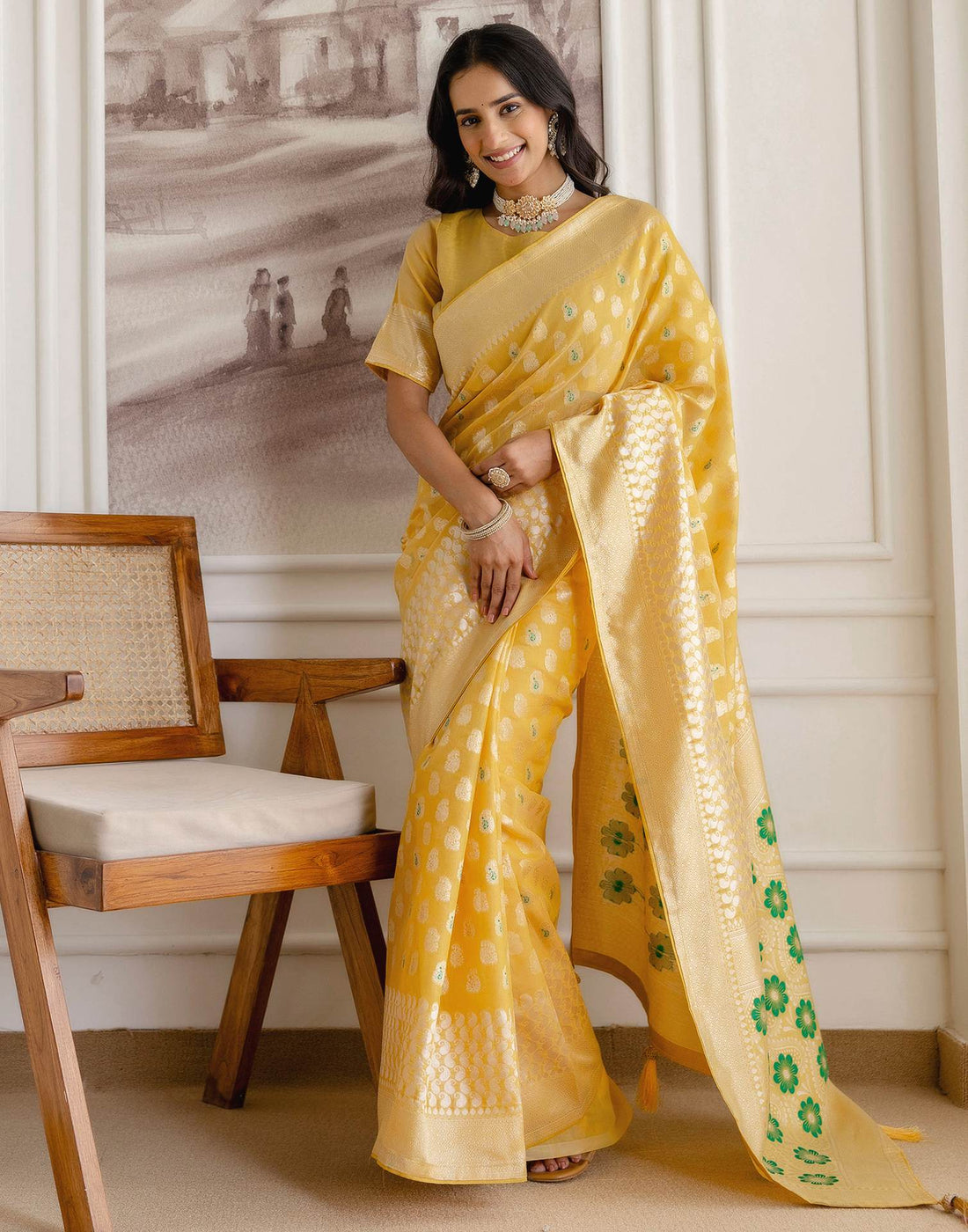 Light Mustard Yellow Chanderi Woven Saree