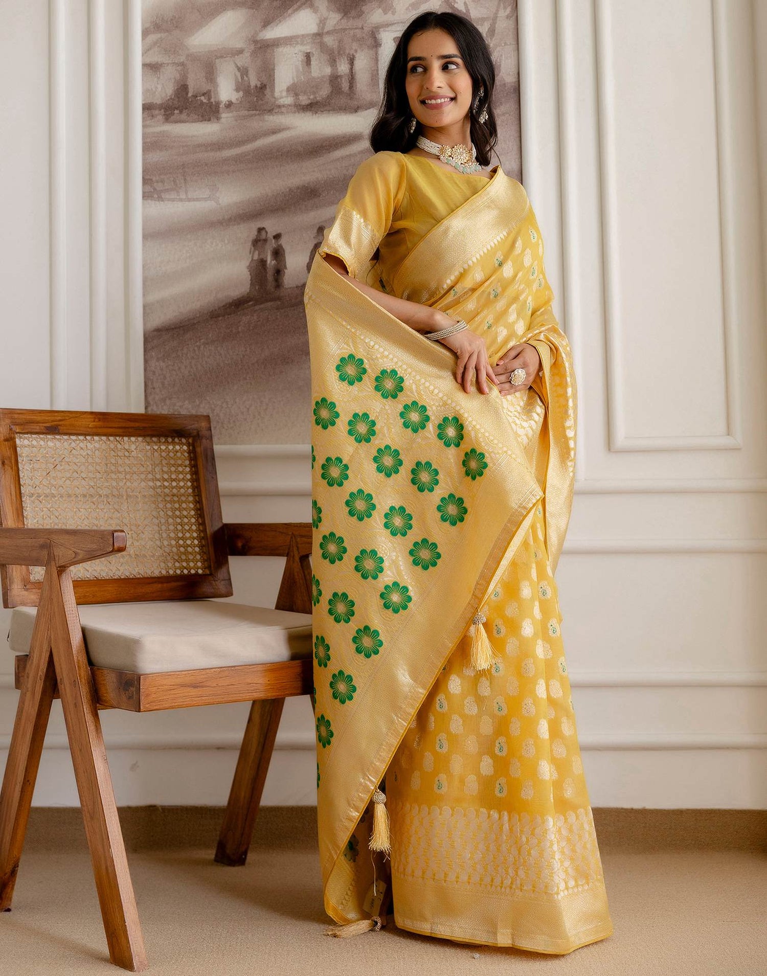 Light Mustard Yellow Chanderi Woven Saree