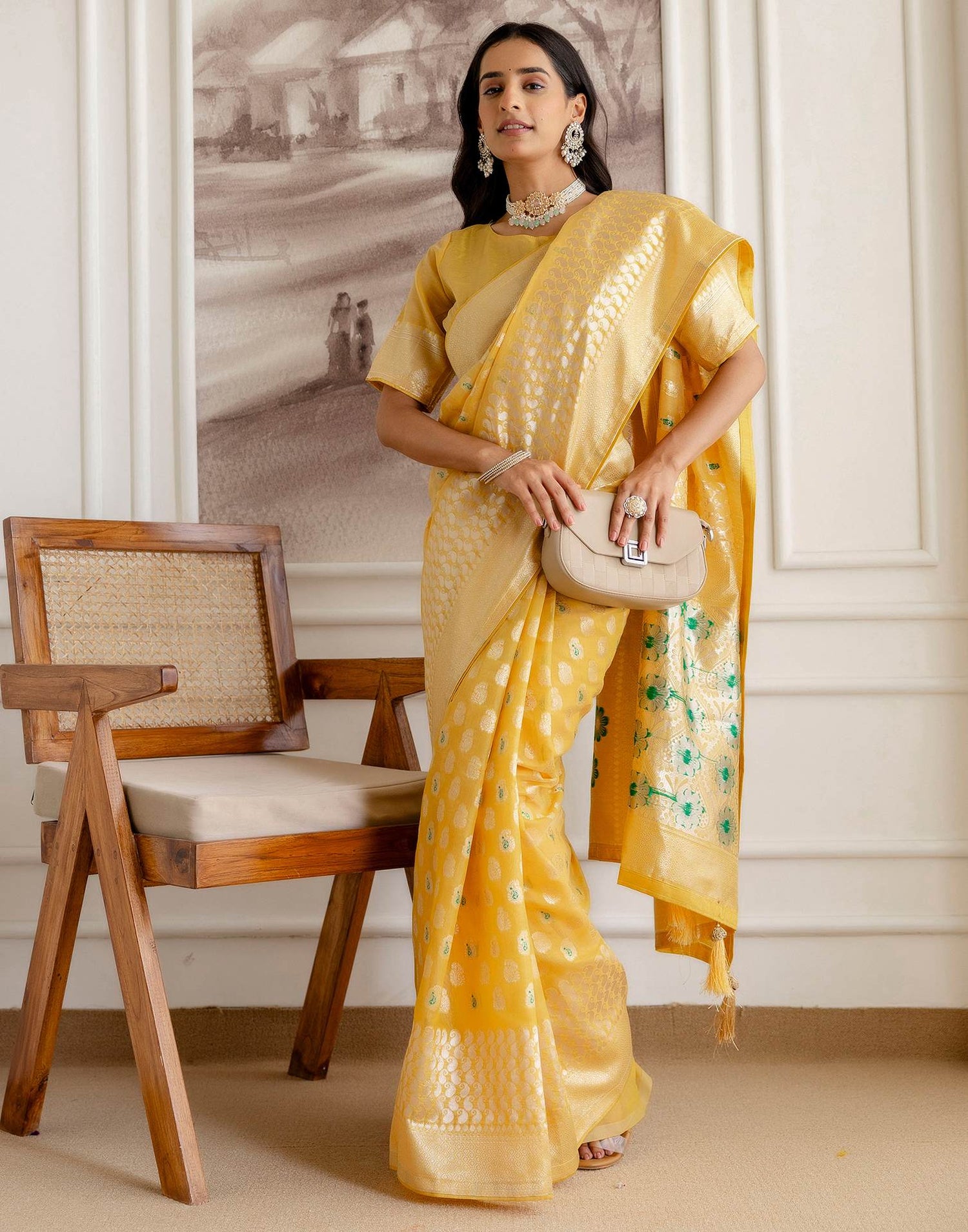 Light Mustard Yellow Chanderi Woven Saree