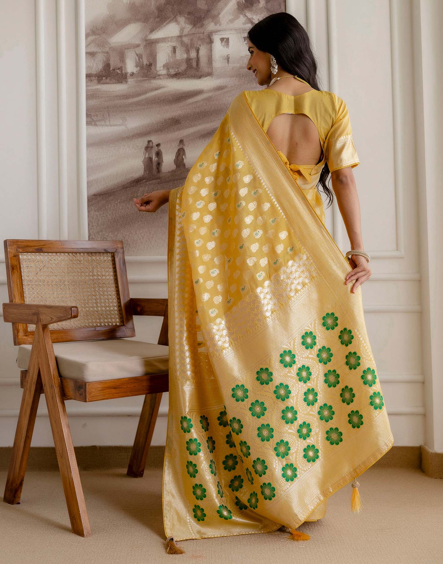 Light Mustard Yellow Chanderi Woven Saree