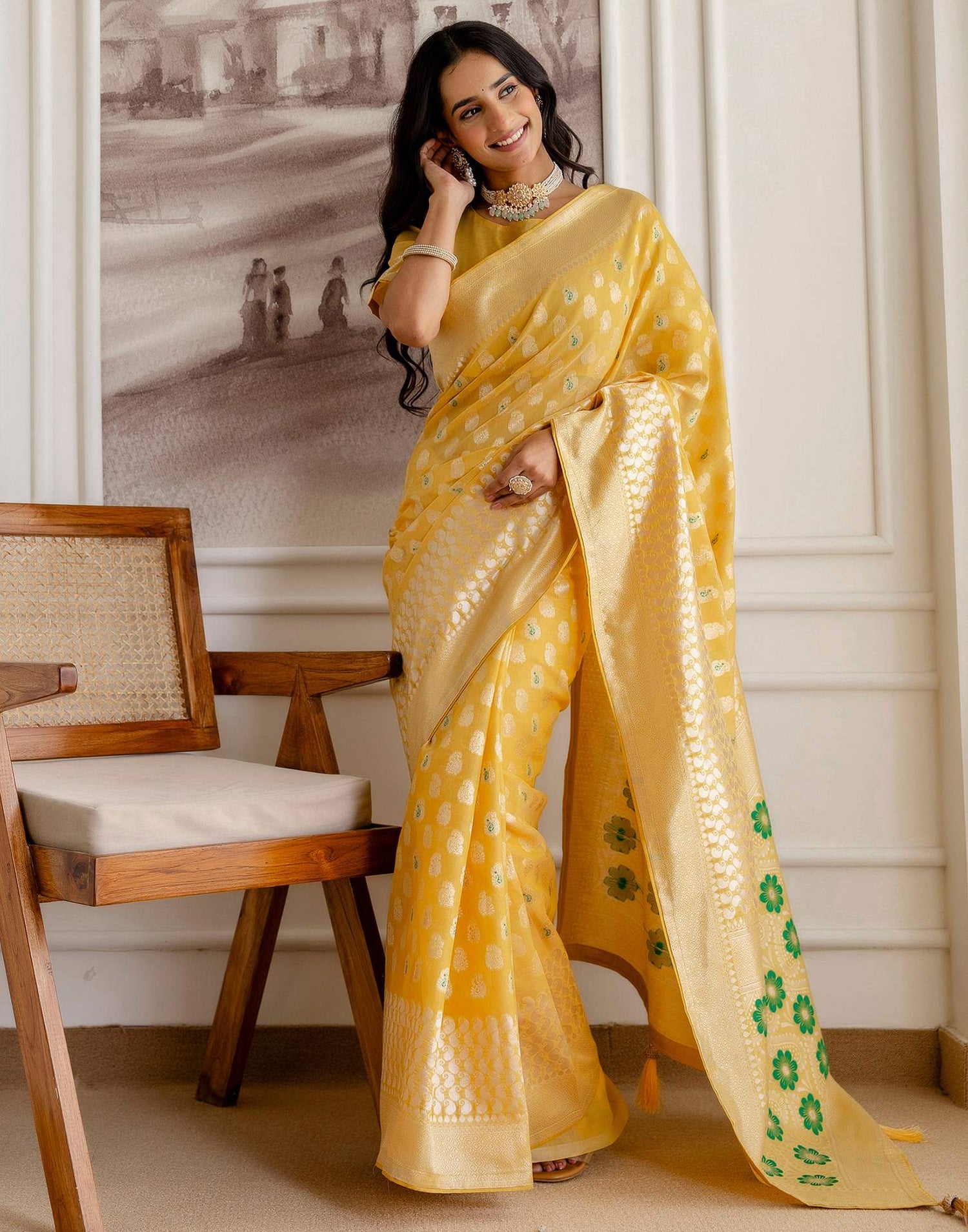 Light Mustard Yellow Chanderi Woven Saree